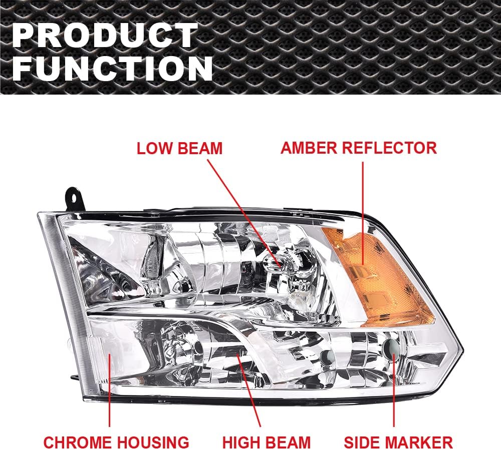 Conjunto de faros delanteros compatible con Dodge ram 1500 2009 2010 2011 2012, 2010 2011 2012 Ram 25003500 (lente transparente, carcasa cromada,