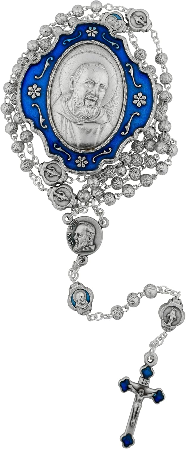 Rosario con caja de metal Padre Pio  Cuentas florales de granizo María en tono plateado con cuentas azules del Padre Pío Nuestro Padre  Gran regalo