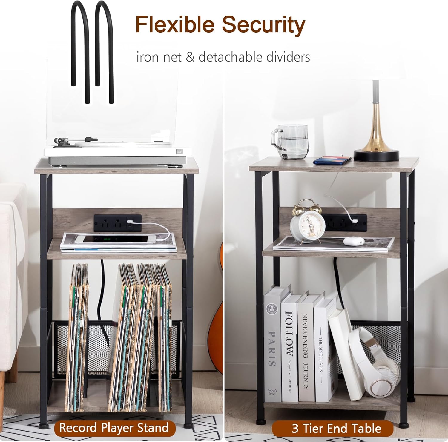 AMHANCIBLE HETCD01GY-1 – Soporte para tocadiscos con estación de carga, soporte para tocadiscos con armario de almacenamiento, mesa auxiliar de 3