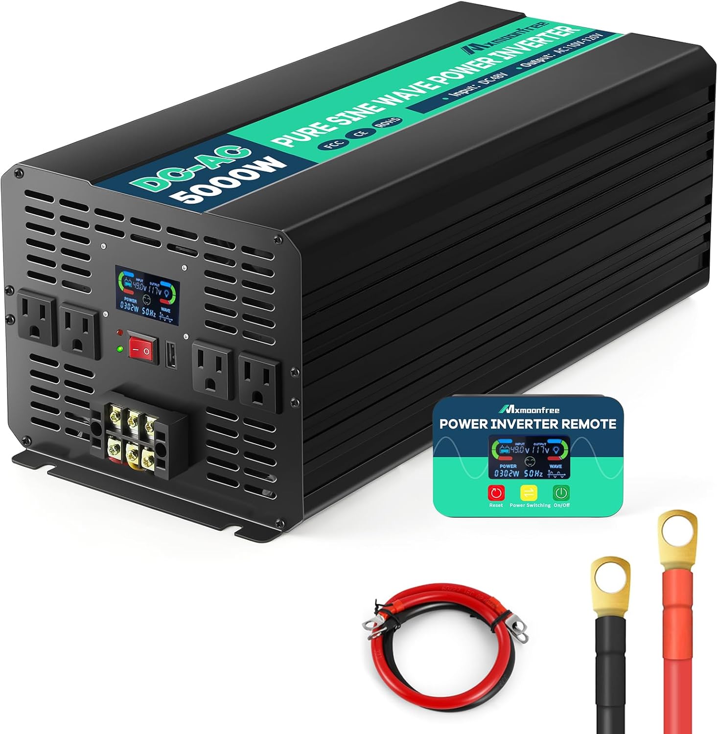 Inversor de corriente de onda sinusoidal pura de 5000 W 48 V de 48 V CC a 110 V CA con control remoto inalámbrico, pantalla LCD, 4 salidas de CA, 1