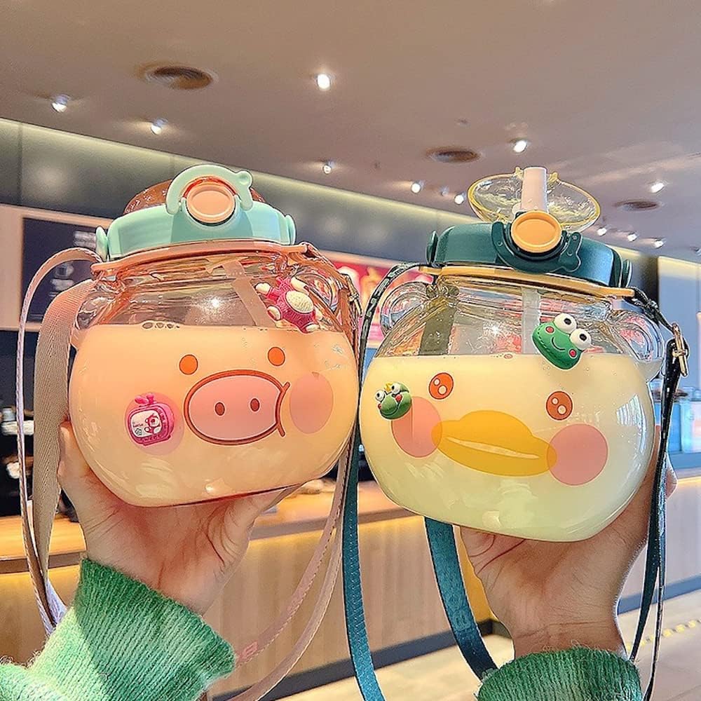 Botella de agua grande Kawaii con correa y calcomanías de resina, botella de agua de 48 onzas con pajilla, botella de agua portátil redonda para