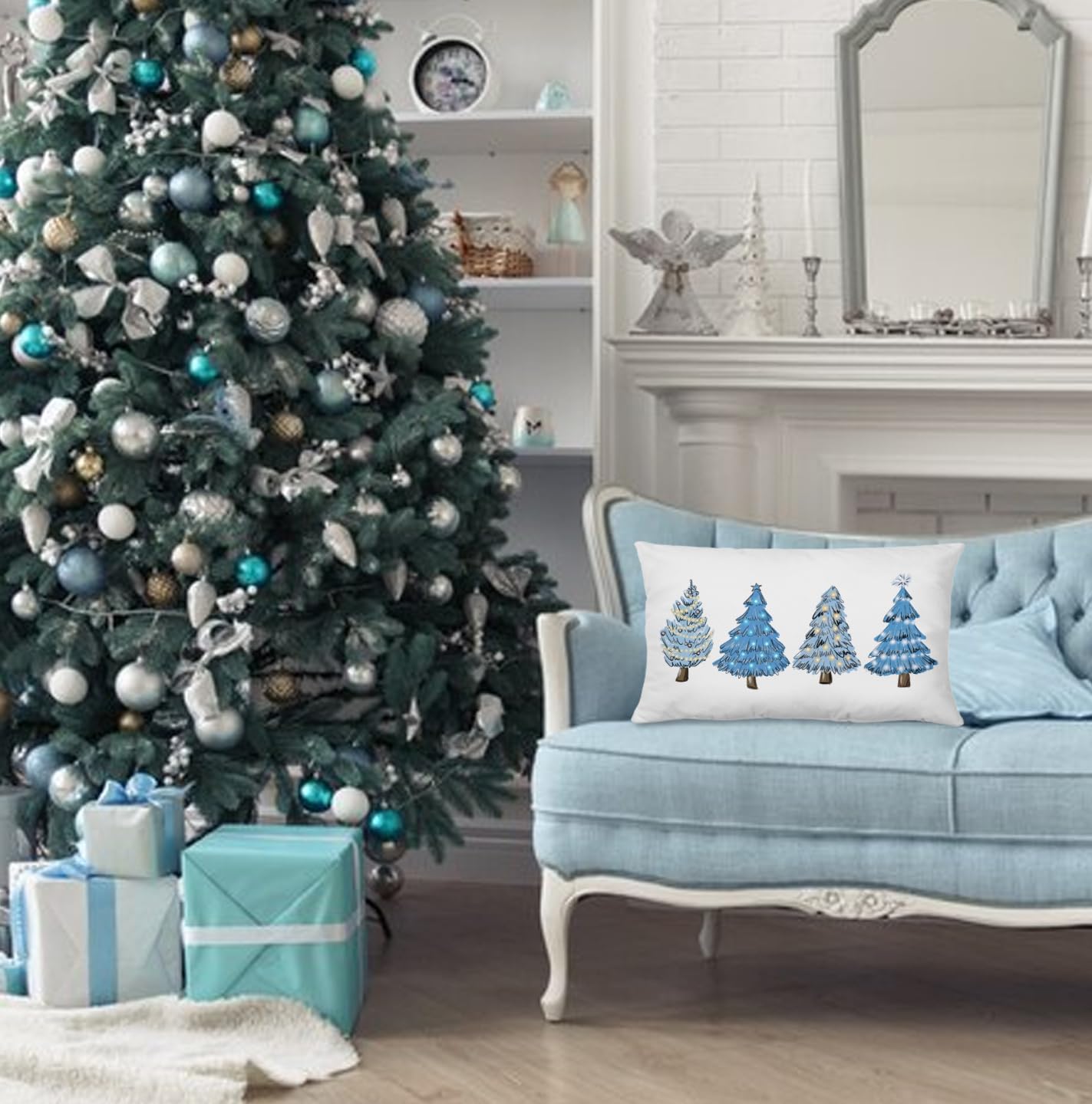 KEUSPI Fundas de almohada azules para árbol de Navidad de 12 x 20 pulgadas, decoración de Navidad azul, decoración de Navidad verde, fundas de cojín