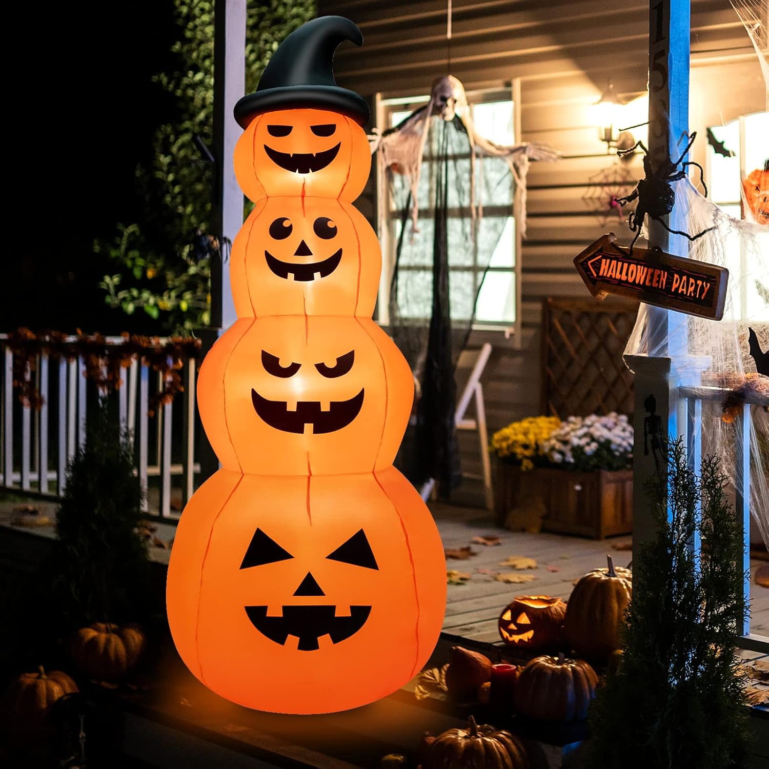 GOFLAME Calabazas inflables apiladas de Halloween de 8 pies con sombrero de bruja, decoración navideña inflable con luces LED integradas, soplador