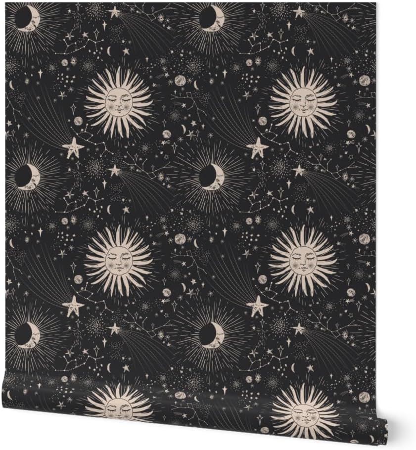 Spoonflower Papel tapiz para despegar y pegar – Boho Astronomía Celestial Astrología Negro Beige Bohemio Femenino Papel pintado extraíble