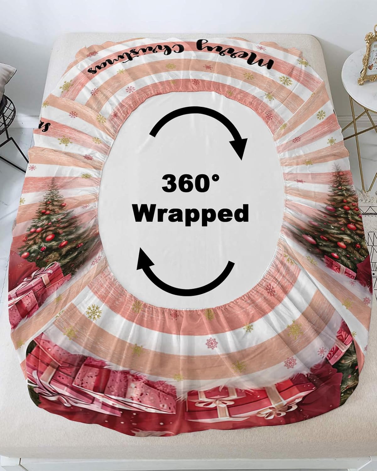 Sábana bajera tamaño Queen con bolsillos profundos, diseño de árbol de Navidad de Papá Noel, rosa y blanco, funda de colchón de microfibra cepillada