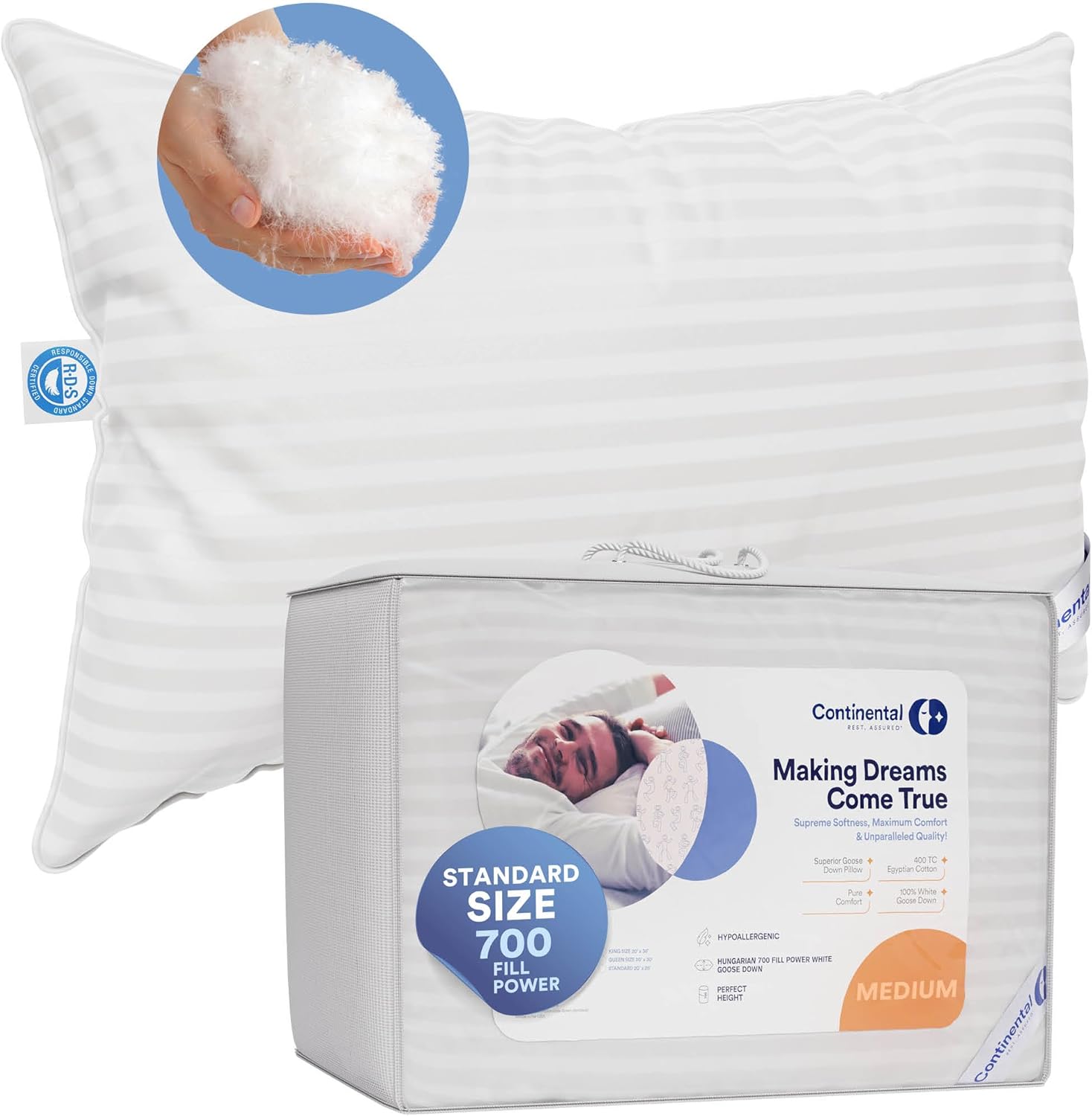 Máxima comodidad mediana con 700 de potencia de relleno, tamaño estándar, 20 x 26 pulgadas, almohada 100% de plumón de ganso blanco húngaro (20