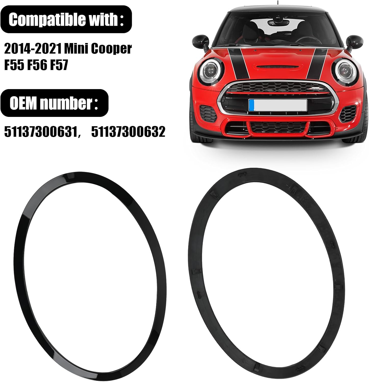 Bisel para faros delanteros del lado del conductor y del pasajero, compatible con MINI Cooper F55 F56 F57 2014-2021, repuesto # 51137300631