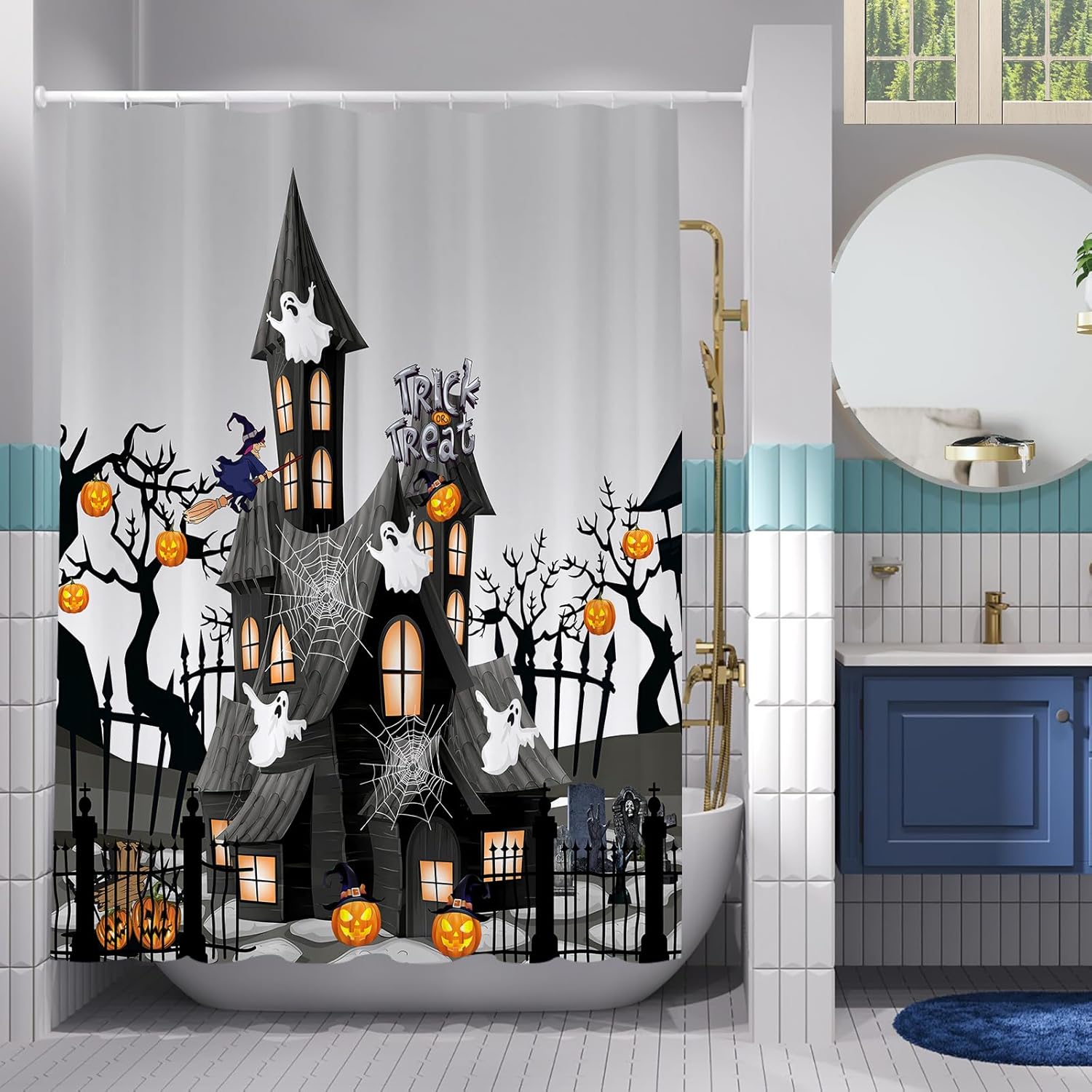 ARESD Cortina de ducha de Halloween para baño, cortina de baño de tela de araña, tela de poliéster, impermeable, decoración de Halloween, con 12