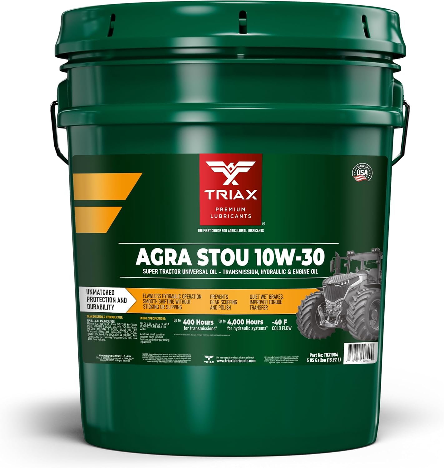 TRIAX Agra STOU Super Tractor 10W-30 GL-4 Transmisión universal para tractor, hidráulico, motor y aceite de freno húmedo (cubo de 5 galones)
