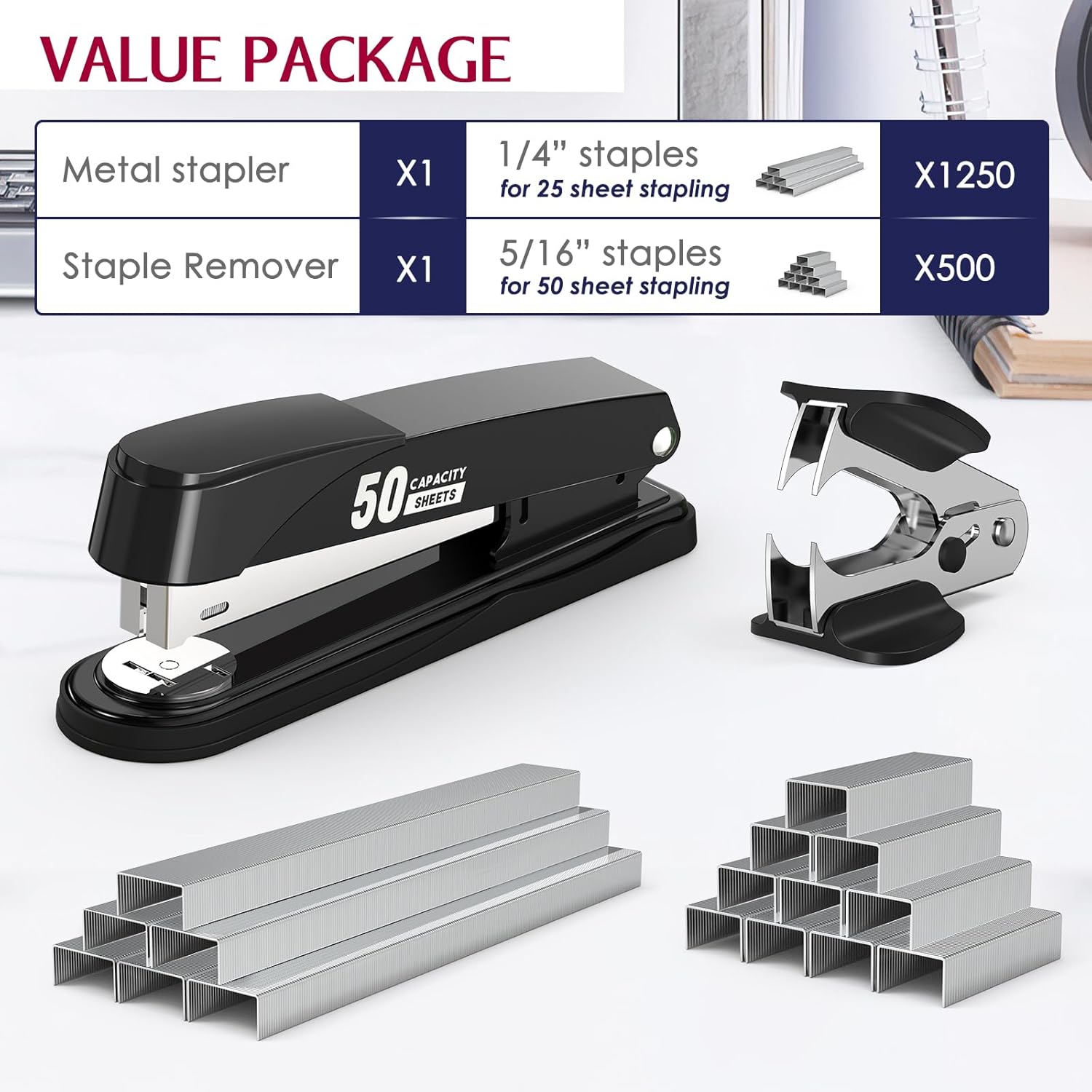 Engrapadora de metal resistente con capacidad de 50 hojas con 1750 grapas y removedor de grapas, grapadoras de tira completa para escritorio, sin