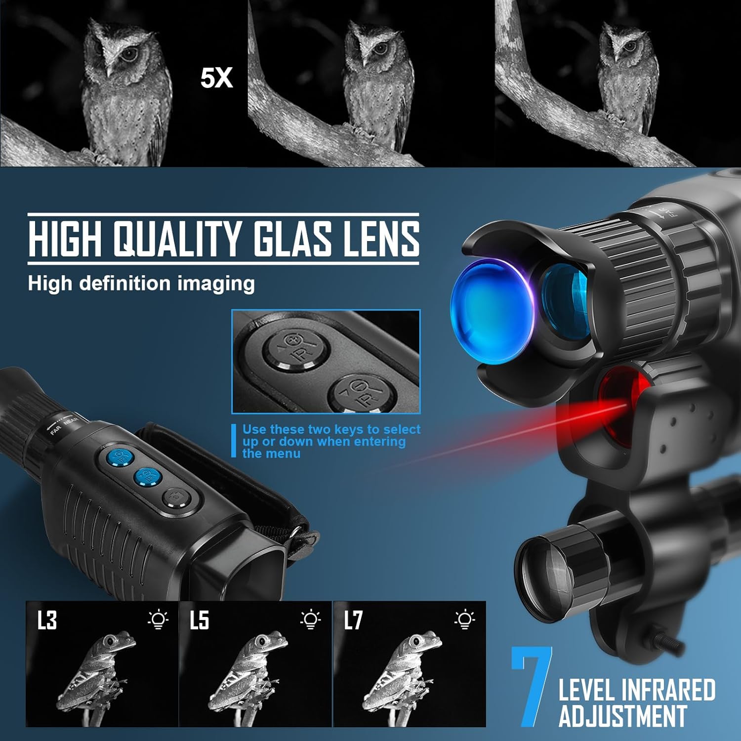Gafas de visión nocturna con cámara digital integrada y linterna desmontable, monóculo 5X, grado táctico militar, caza, memoria de 32 GB, capacidad