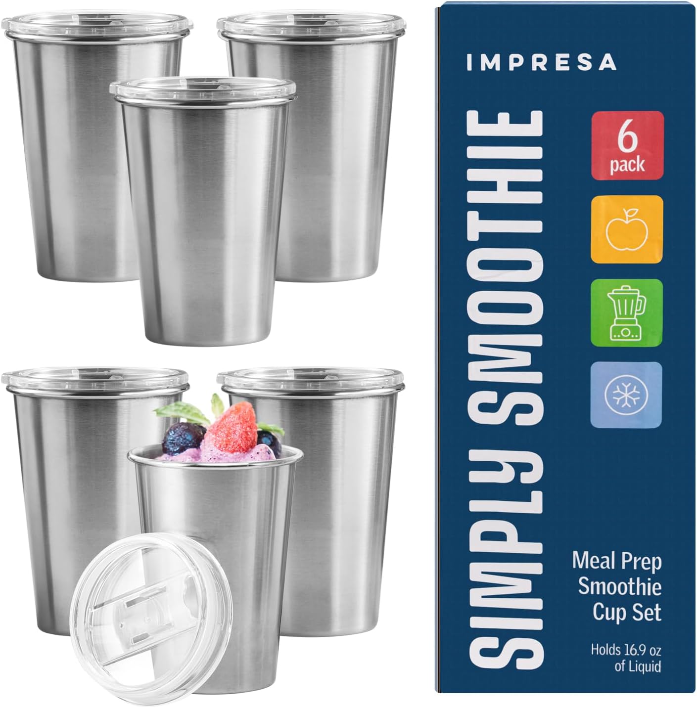 IMPRESA Paquete de 6 tazas de acero inoxidable para preparación de comidas, tarros congelables para jugos y batidos con tapas, convenientes tazas de