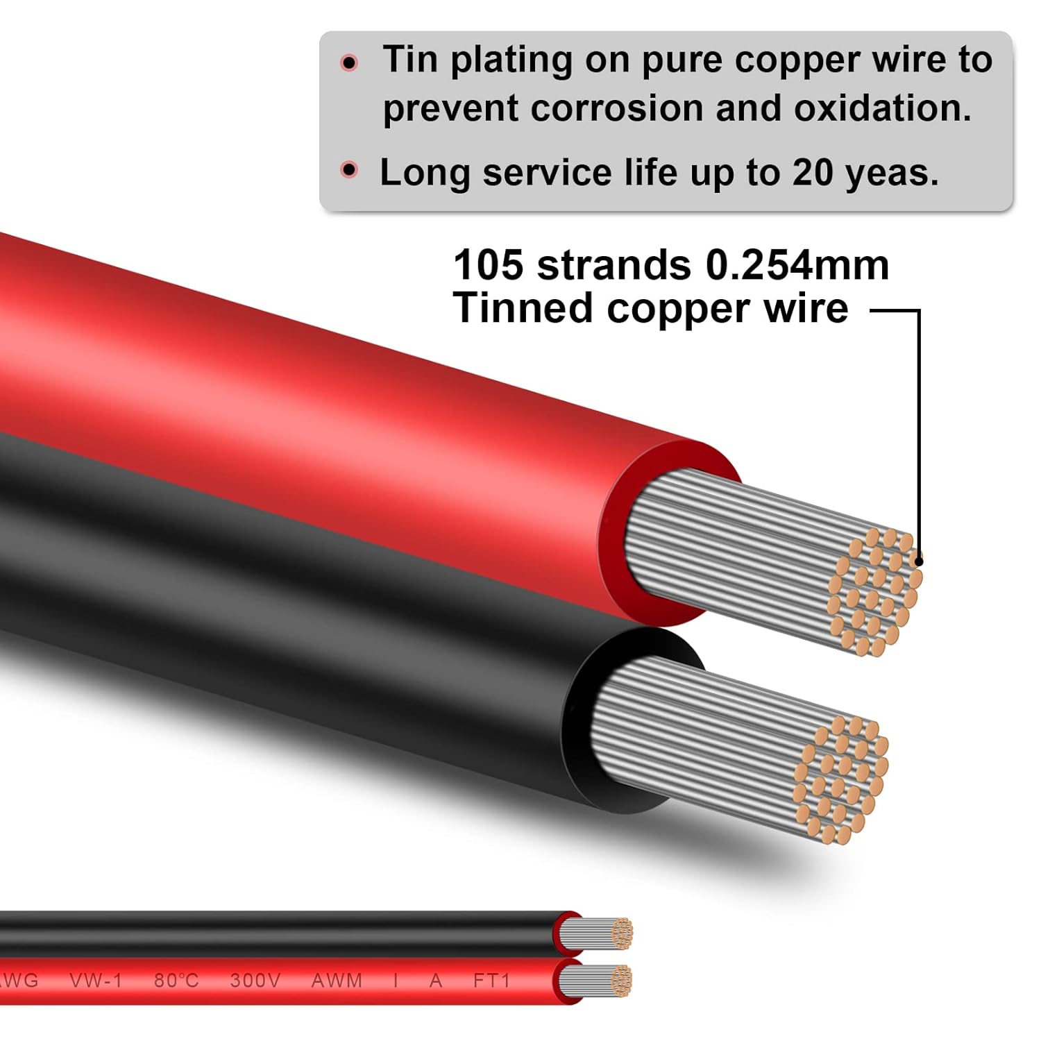 Shirbly Cable de cobre estañado de 50 pies de calibre 10, cable paralelo aislado de 2 conductores para panel solar, audio de automóvil, cable