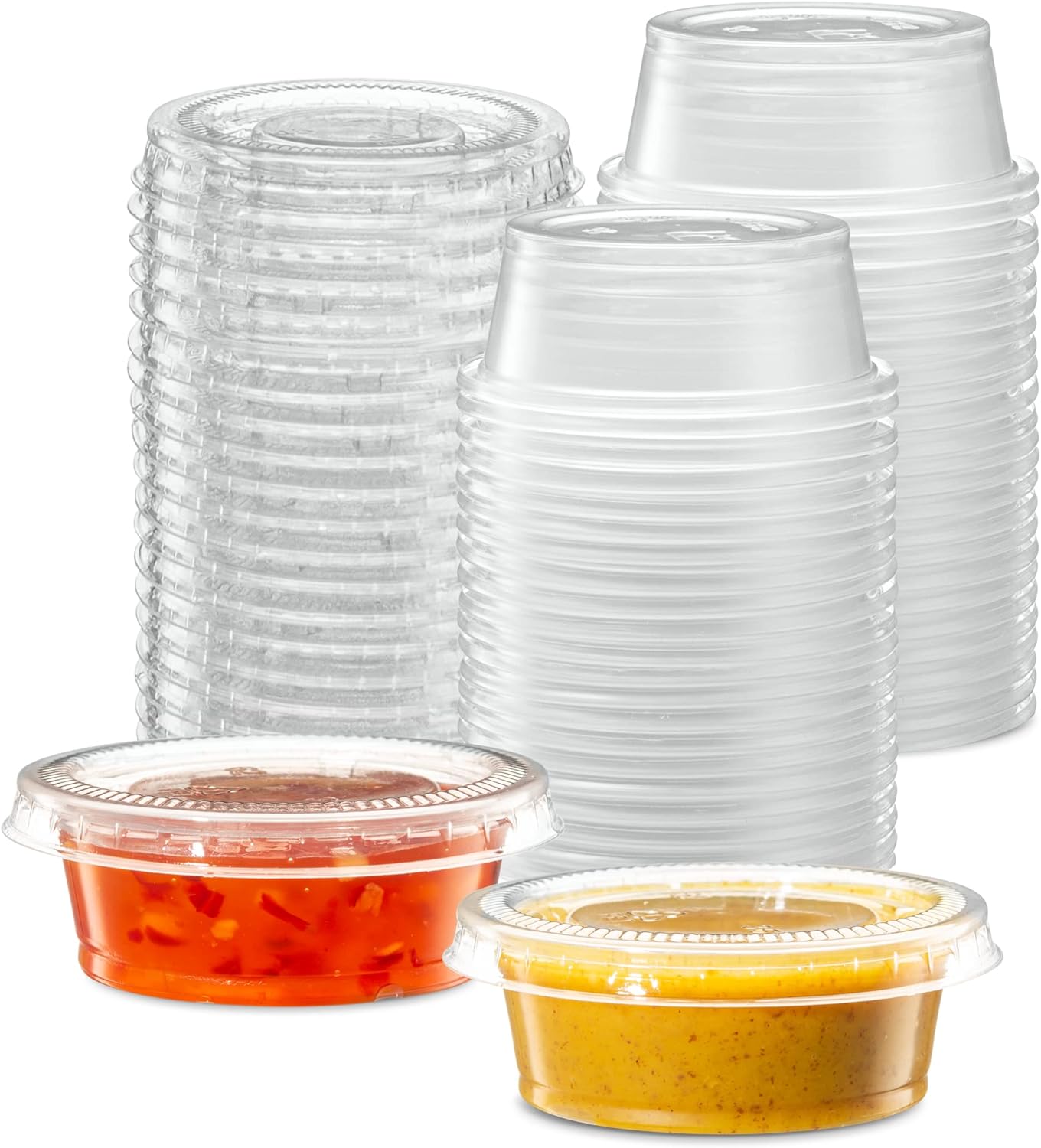 1.5 oz  100 juegos Vasos de plástico transparente con tapas, pequeños recipientes pequeños para control de porciones, chupitos de gelatina,