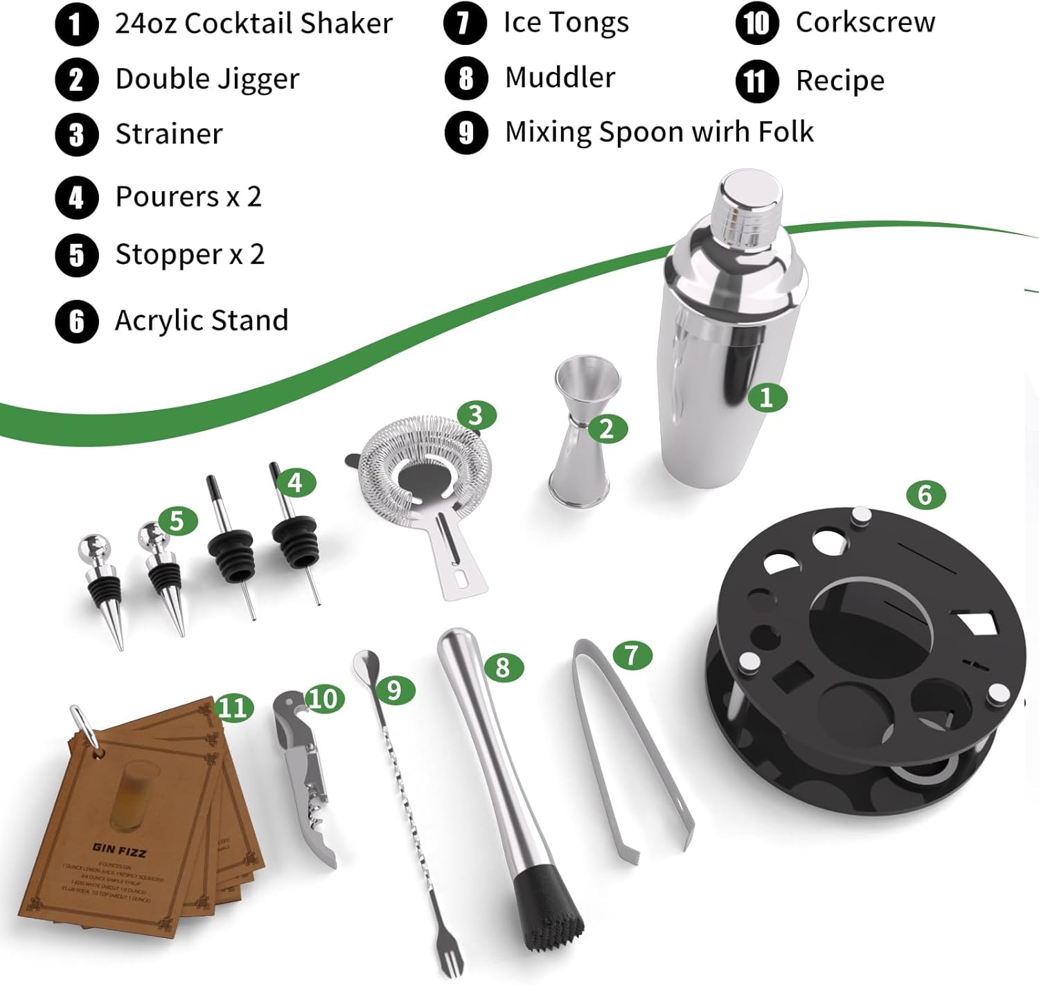 SamuelWorld Juego de coctelera con soporte 14 piezas de acero inoxidable, accesorios perfectos para barman para el hogar y el barman profesional,