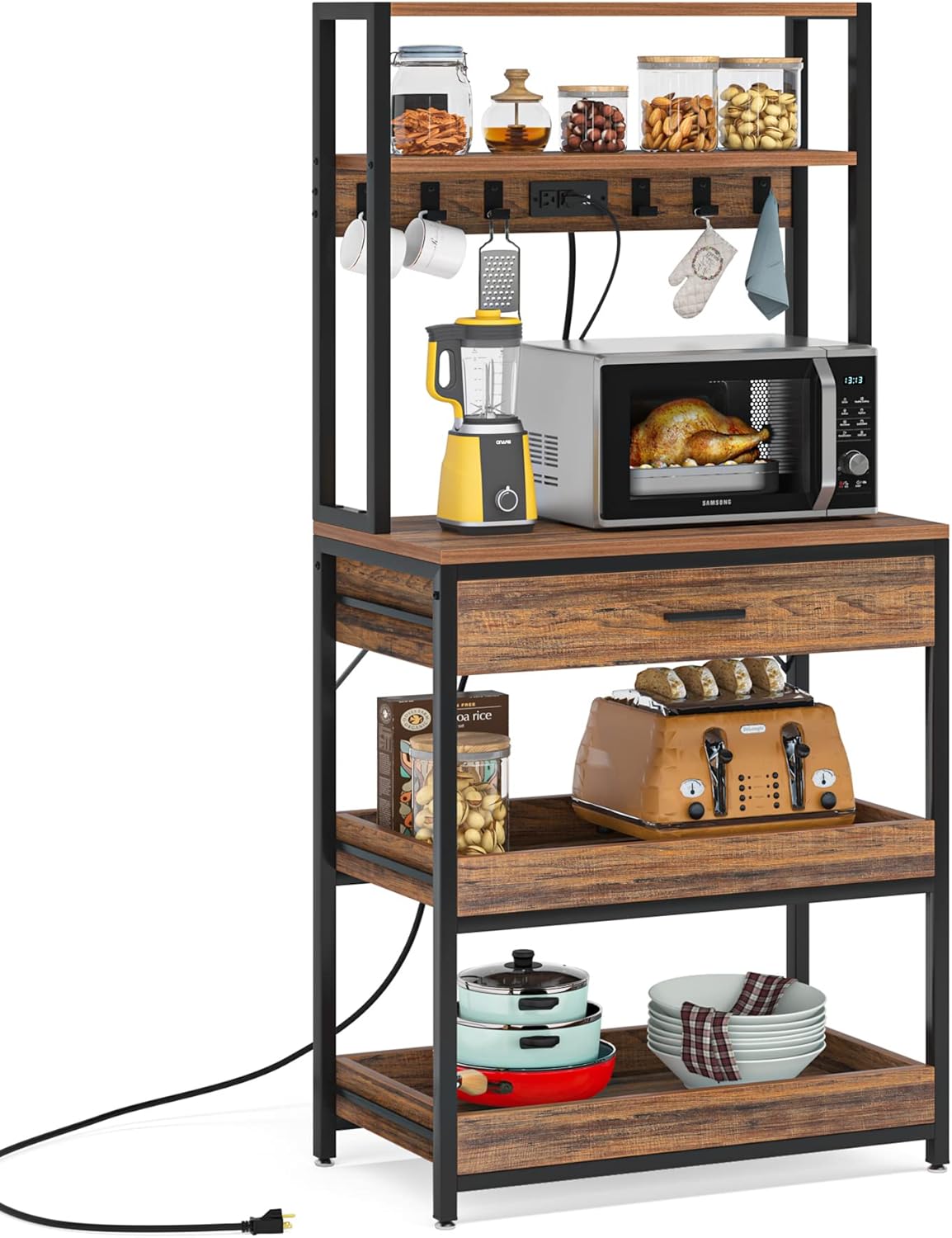 Tribesigns Estante para hornear de cocina con tomas de corriente, soporte para horno microondas de 5 niveles con cajón y estantes deslizantes, barra