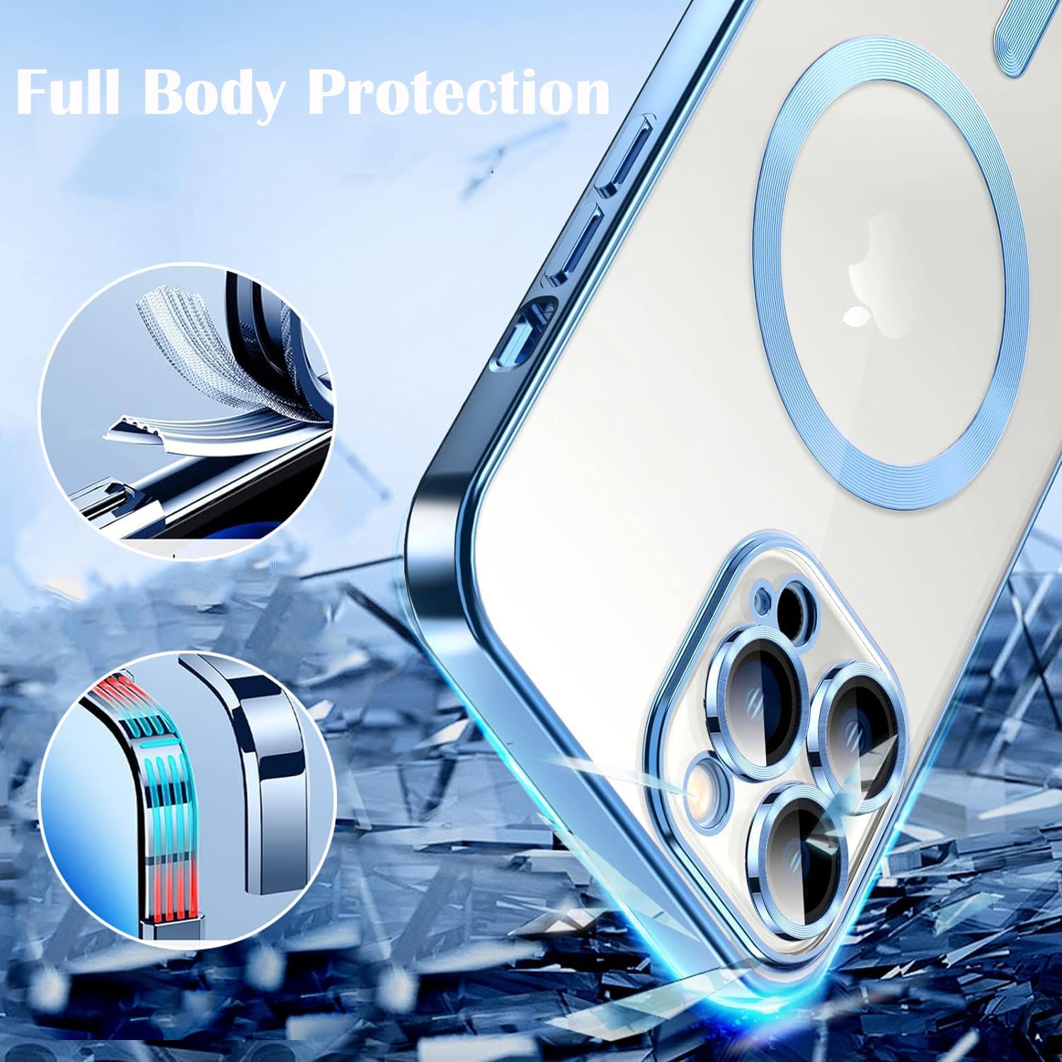 Funda para iPhone 15 Pro Max compatible con MagSafe Funda completa de protección de lente de cámara transparente para mujeres y hombres, magnética,