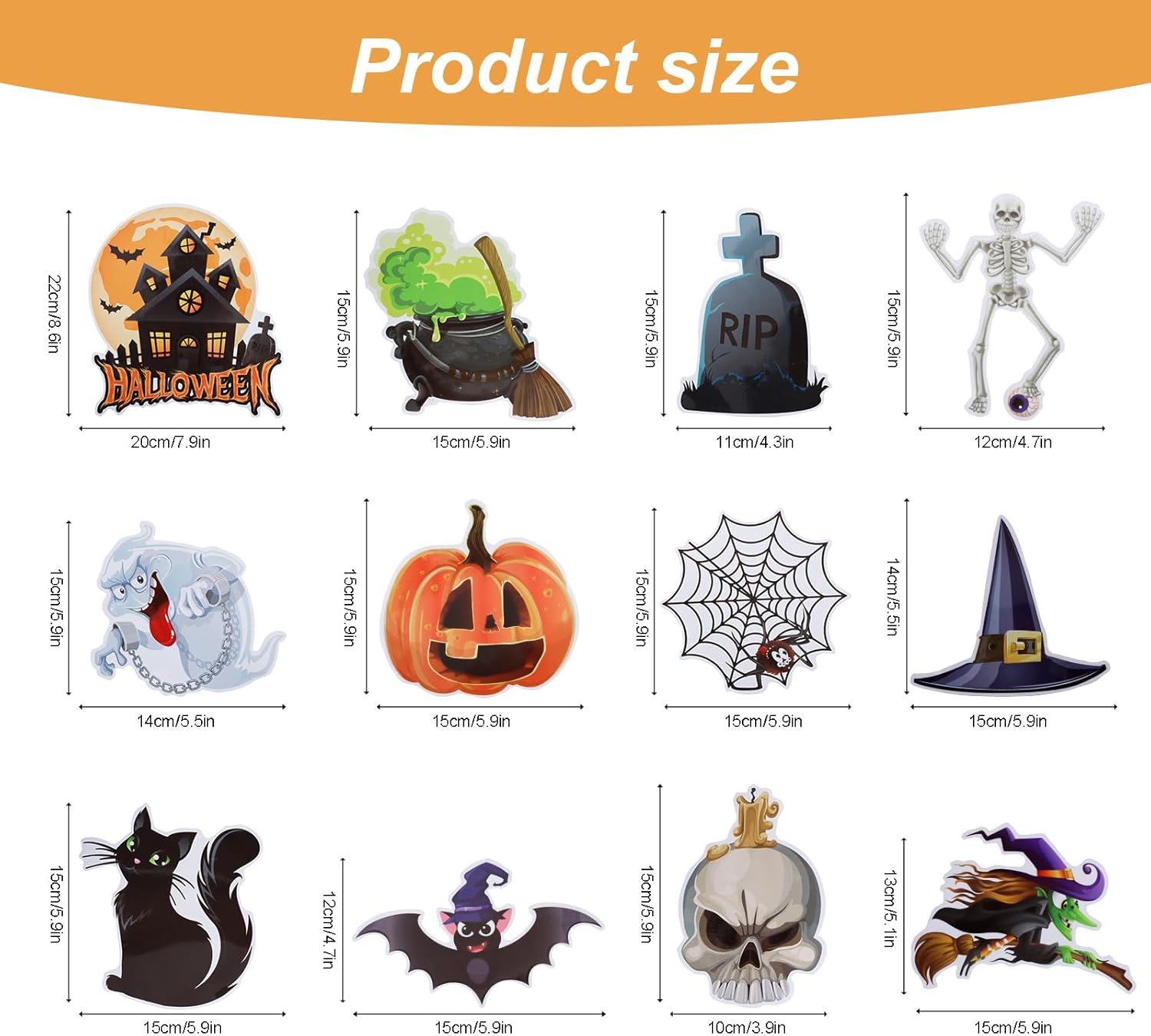 12 calcomanías magnéticas de Halloween, decoraciones magnéticas grandes de Halloween, sombrero de bruja, telaraña, fantasma, lápida, calabaza,