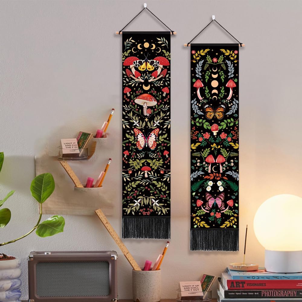 Paquete de 2 decoraciones para colgar en la pared de hongos, decoración hippie botánica vertical de pared, tapiz de planta de luna con borlas, tapiz