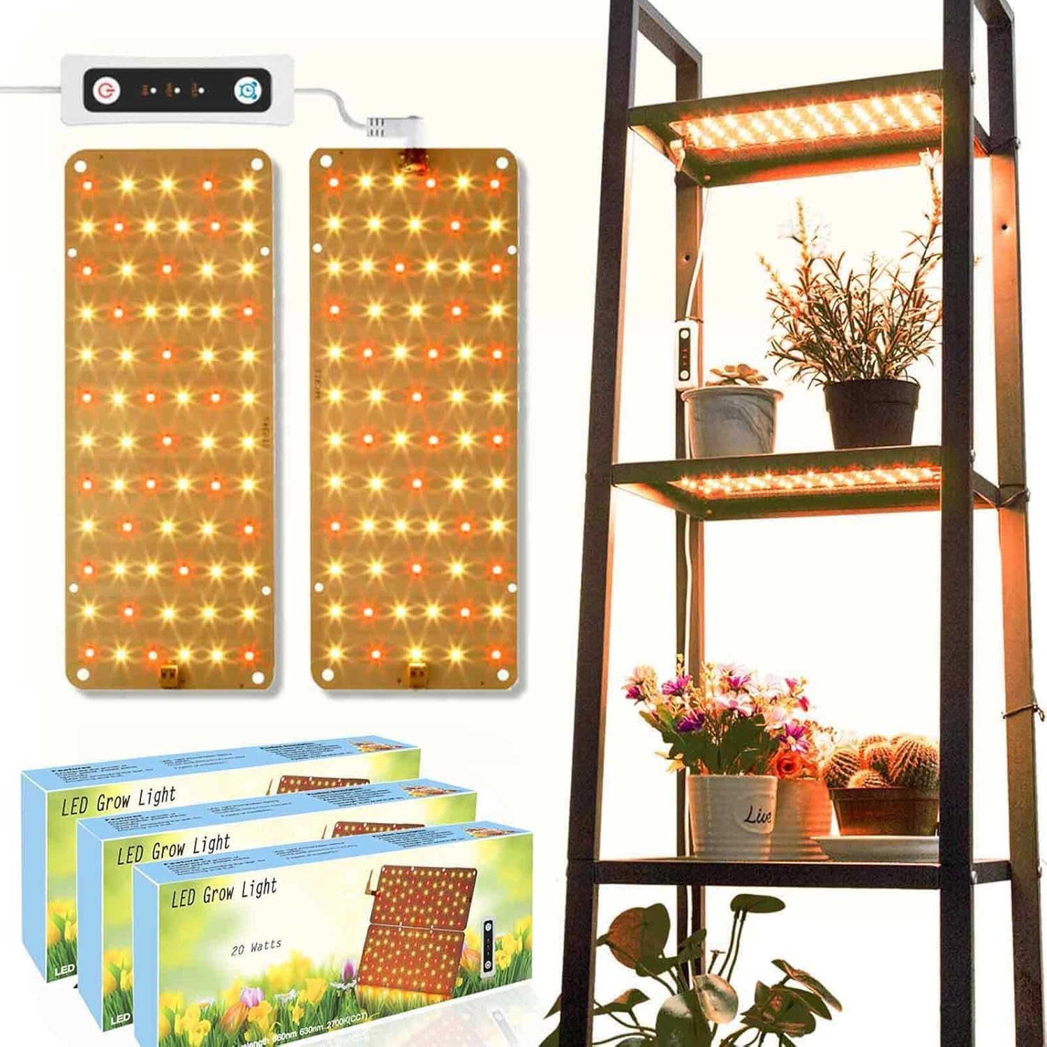 DOMMIA Luces de cultivo para plantas de interior, paquete de 3 luces LED de espectro completo con temporizador de encendido y apagado automático,