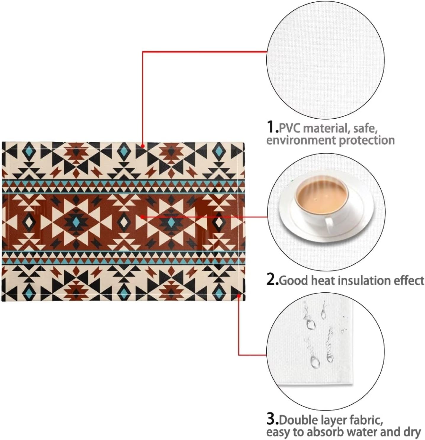 Juego de 6 manteles individuales aztecas bohemios para mesa de comedor, manteles individuales tribales navajos, accesorios decorativos, fáciles de