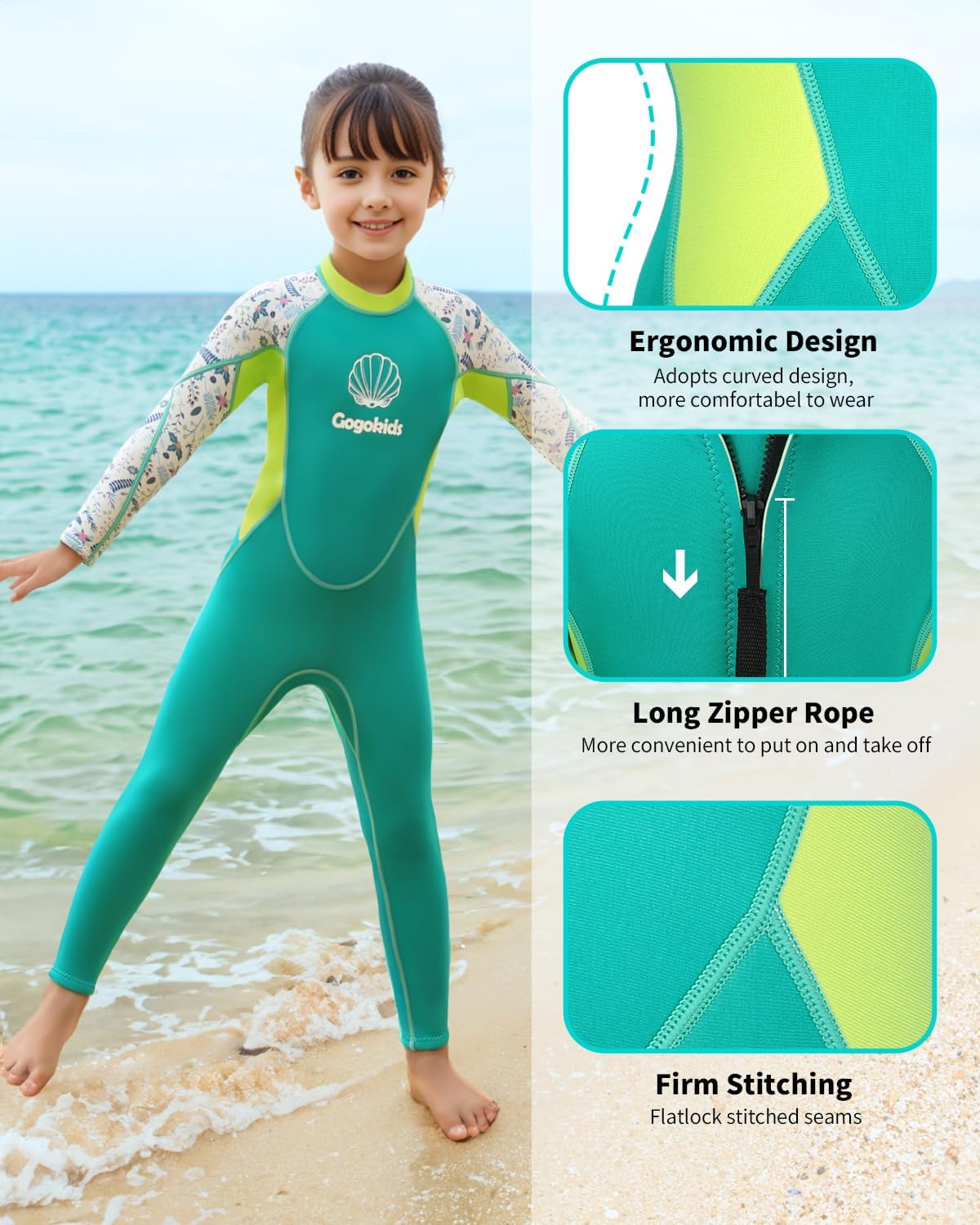 Gogokids Traje de neopreno para niños, para jóvenes, de 0.18 pulgadas, térmicos, de manga larga, con cremallera trasera, protección solar para