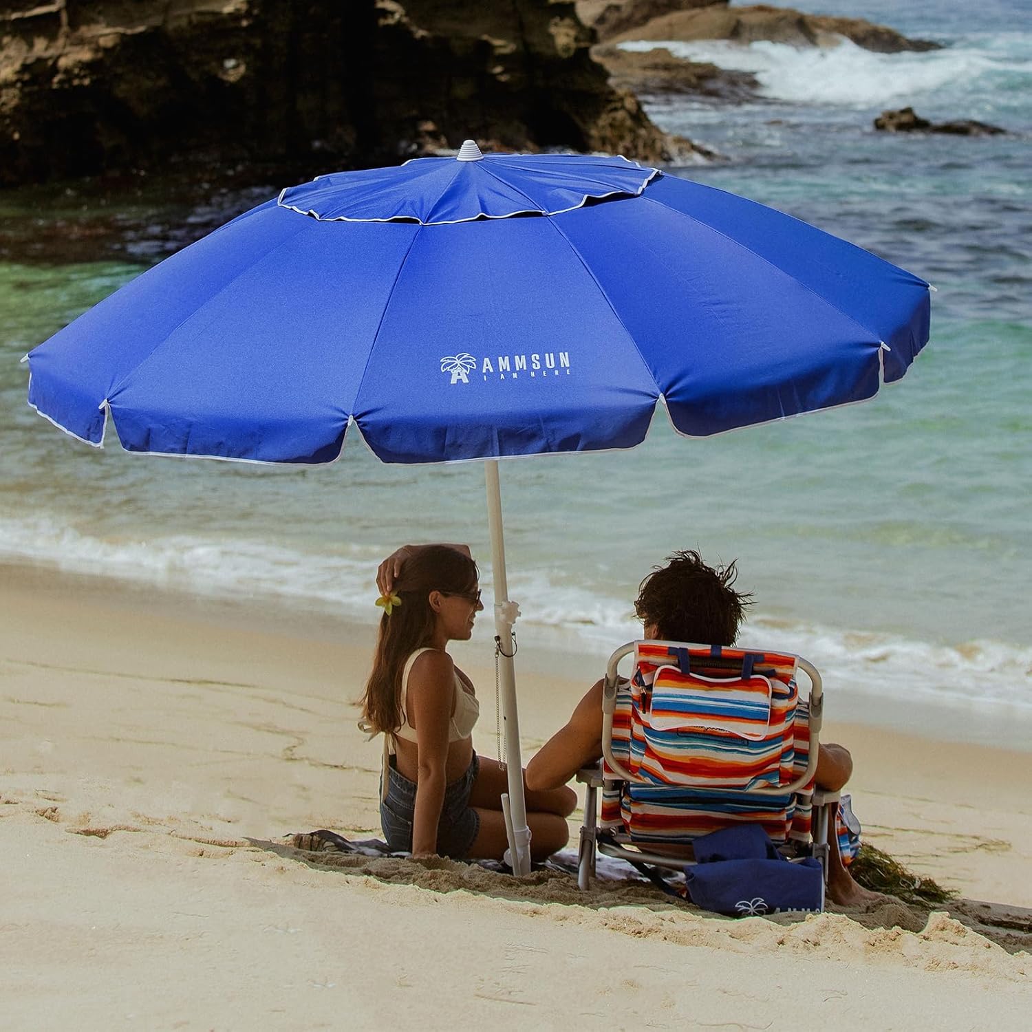 AMMSUN Sombrilla de playa grande de 8 pies con anclaje de arena, sombrilla portátil resistente al viento con protección UV UPF50+, rejillas de