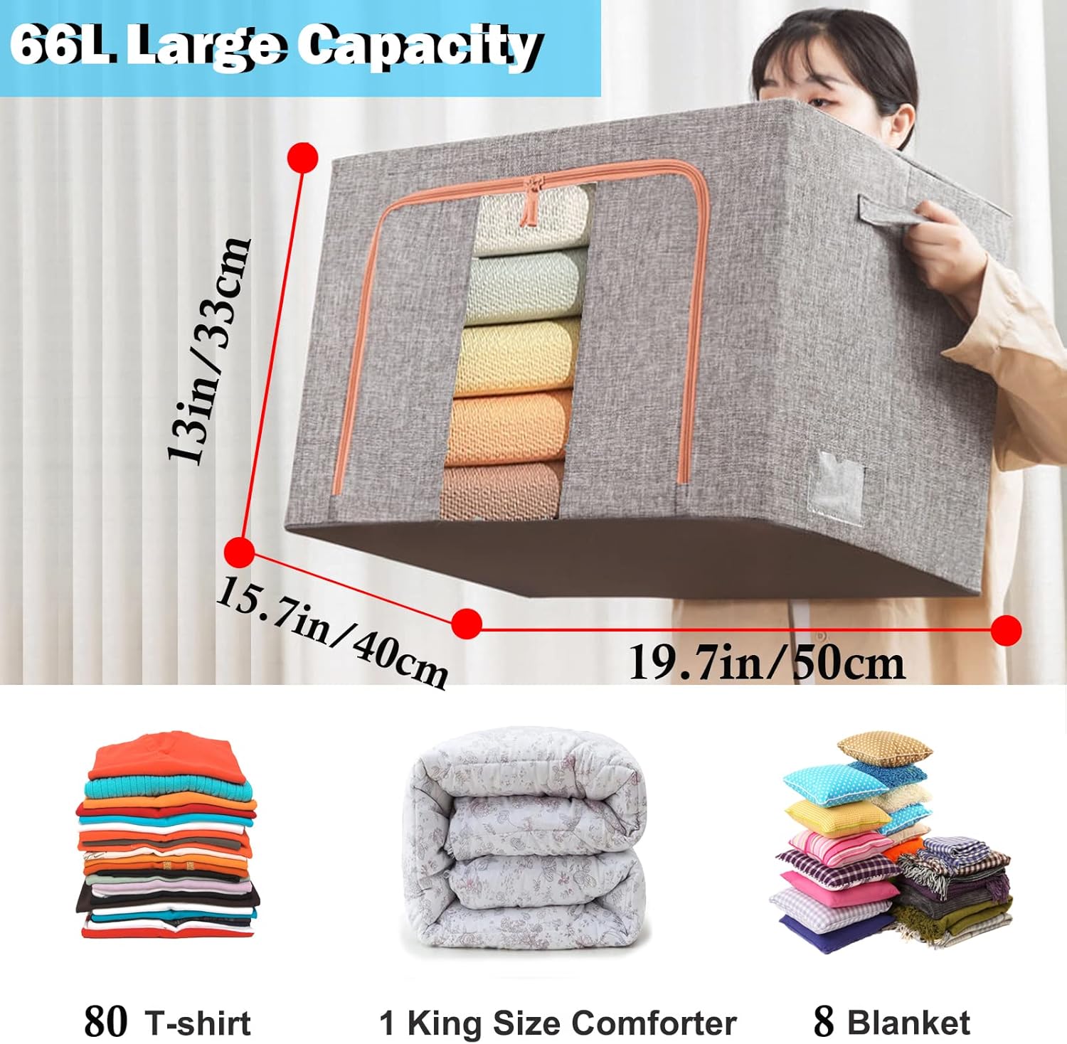 Bolsas de almacenamiento de ropa de gran capacidad, organizador de almacenamiento apilable con marco de metal plegable, cremallera, asas, ventana