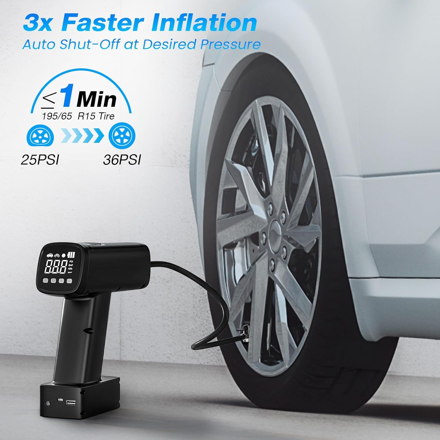 NEXPOW Inflador de neumáticos automático, compresor de aire portátil, bomba de aire de 160 PSI con batería de 7500 mAh, bomba digital de bicicleta