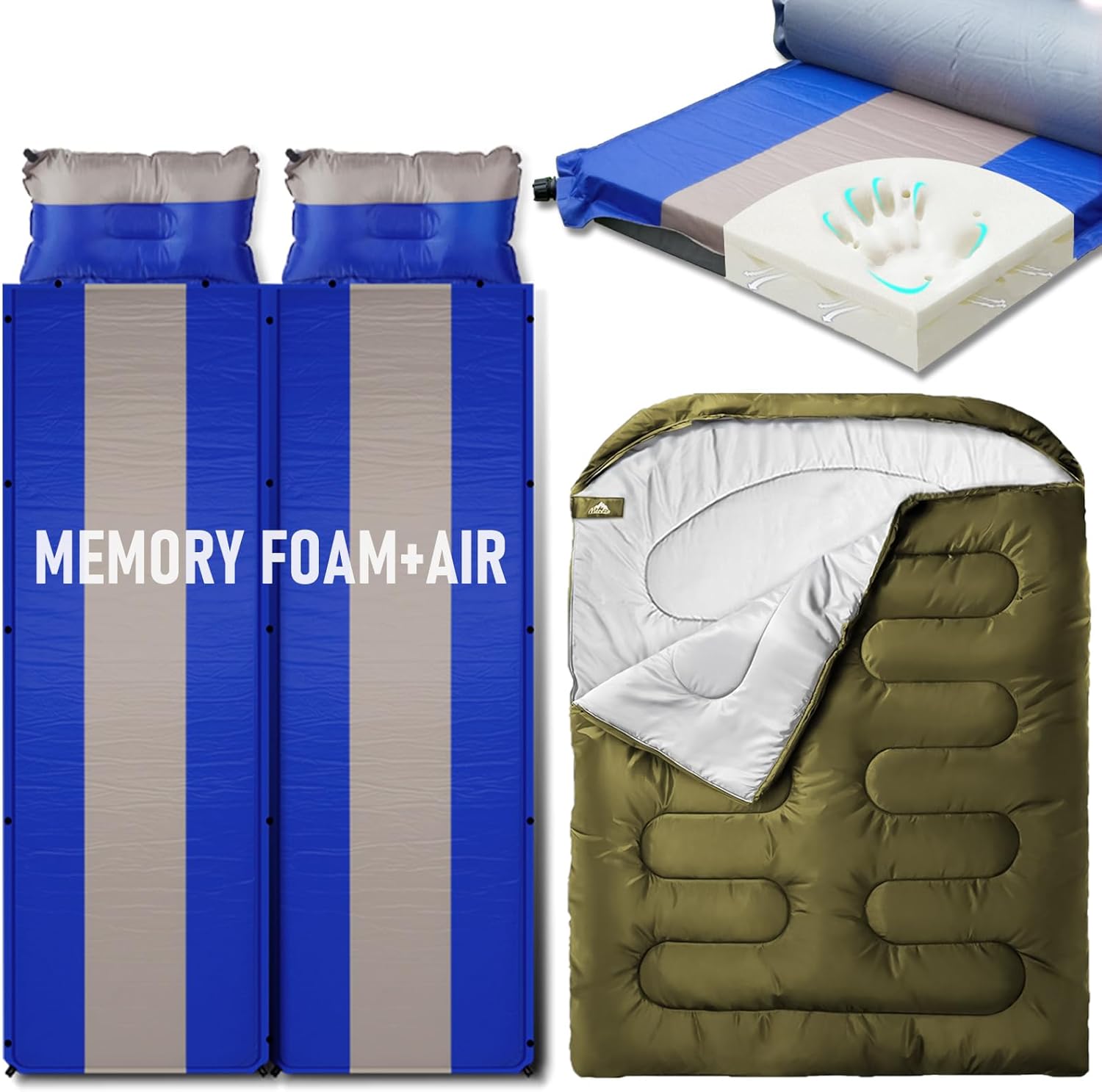MEREZA Almohadilla de dormir de espuma viscoelástica autoinflable+sacos de dormir para 2 personas, 3 pulgadas de grosor, doble almohadilla de