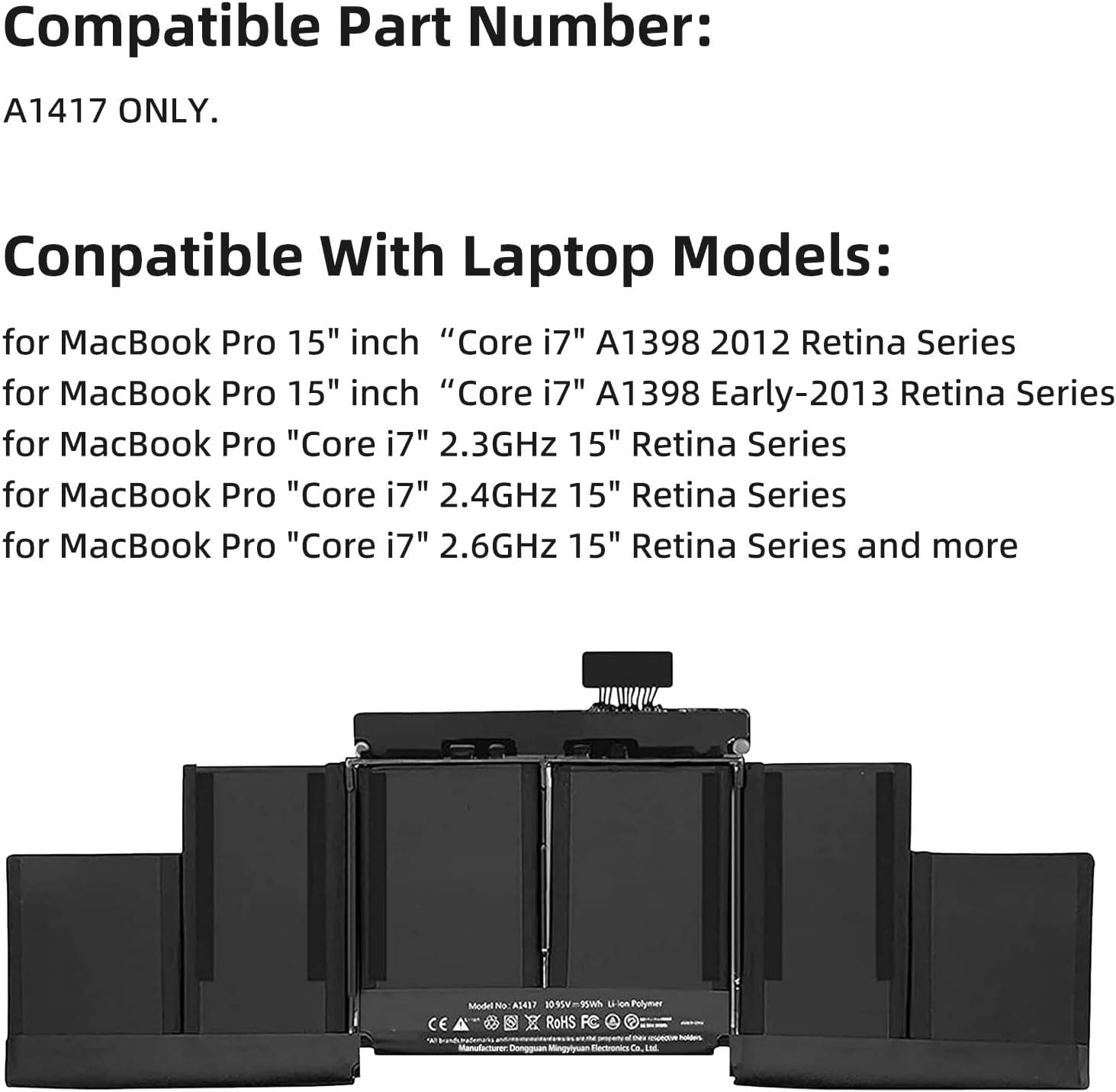 A1417 – Batería para portátil MacBook Pro 15 pulgadas Retina A1398 mediados de 2012 principios de 2013, compatible con ME665LLA MC976LLA ME664LLA