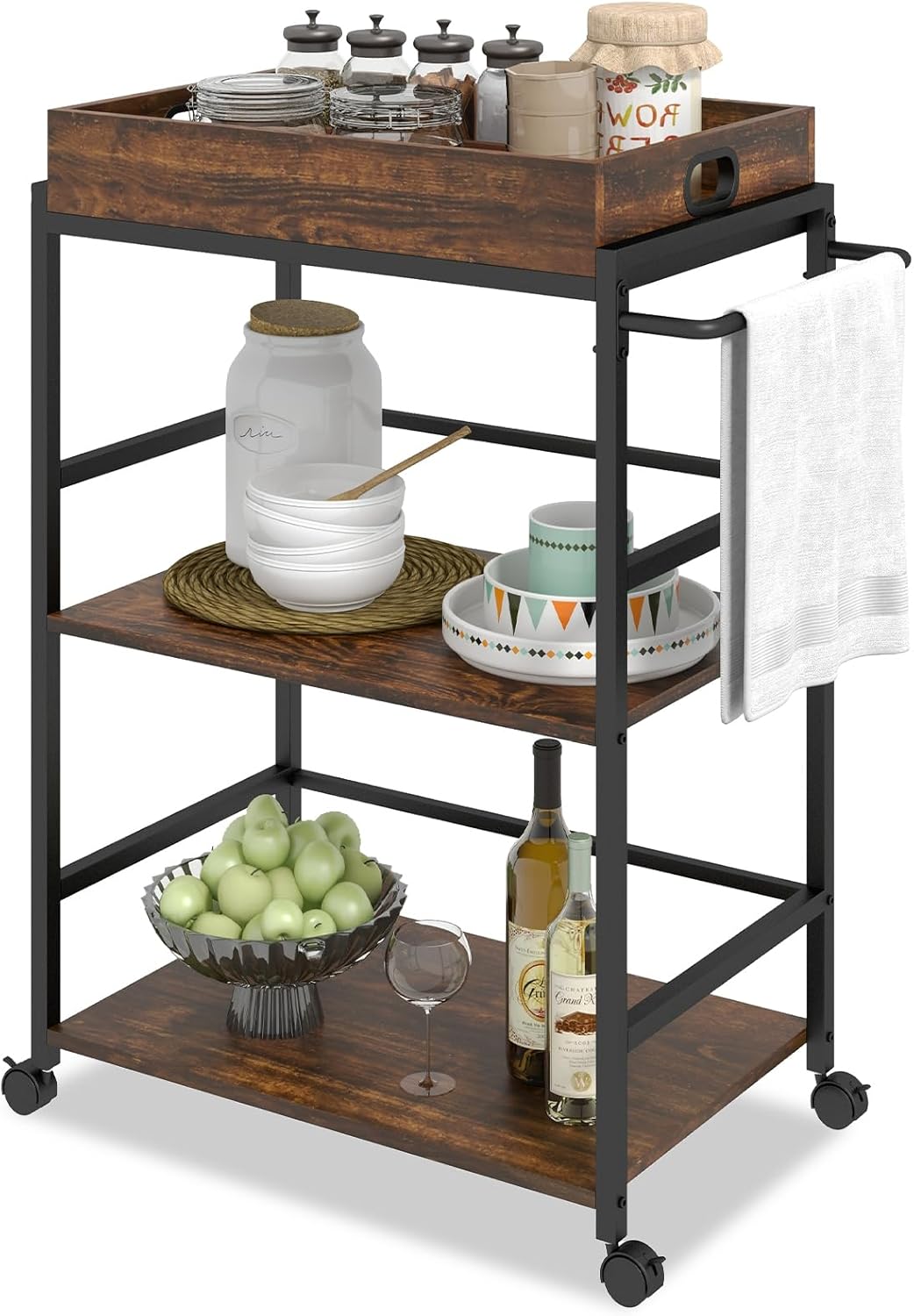 Carrito de isla de cocina, carrito rodante de 3 niveles con bandeja extraíble y estante de asa, islas de almacenamiento de cocina de madera y carros