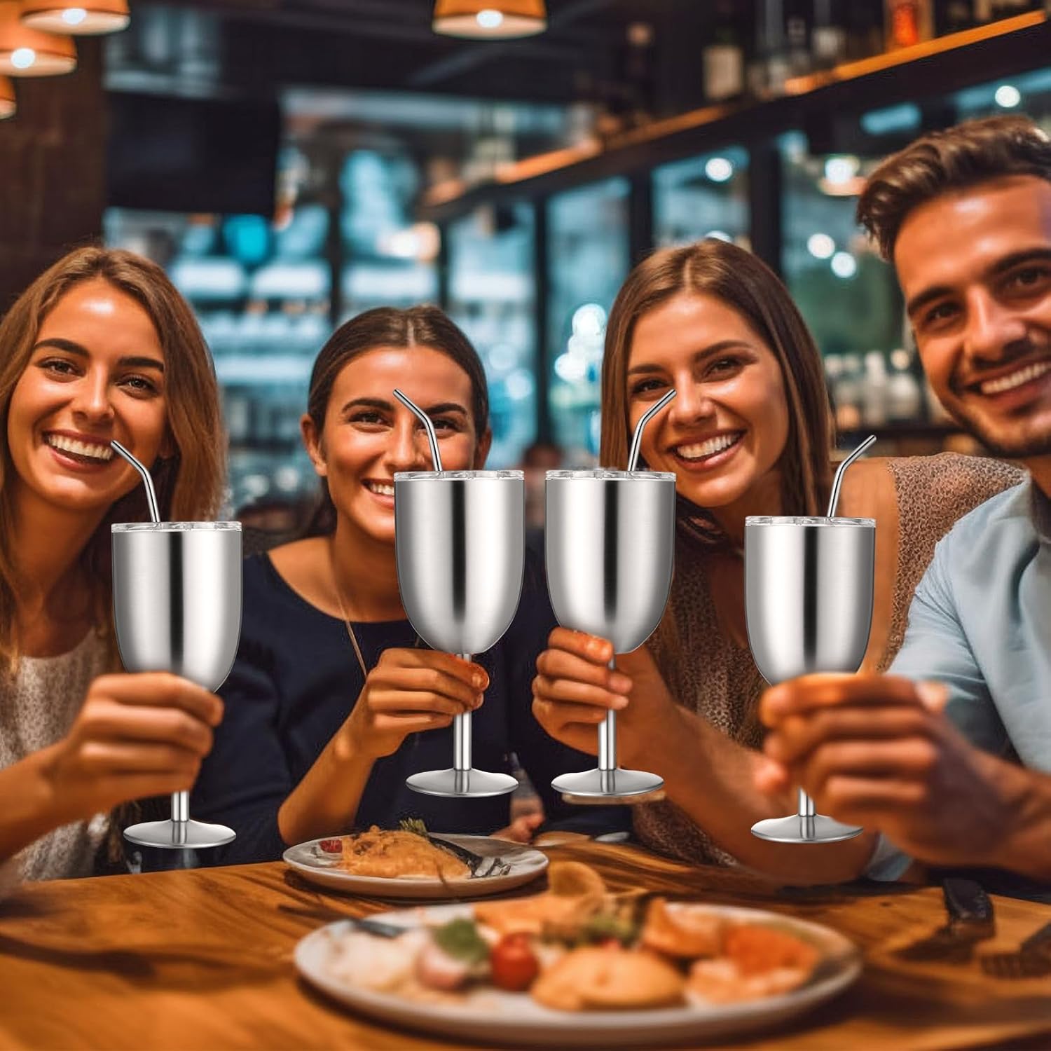 Photect Paquete de 6 copas de vino de acero inoxidable con tapa, 10 onzas, doble pared aislada, copas irrompibles con popote para beber y cepillo