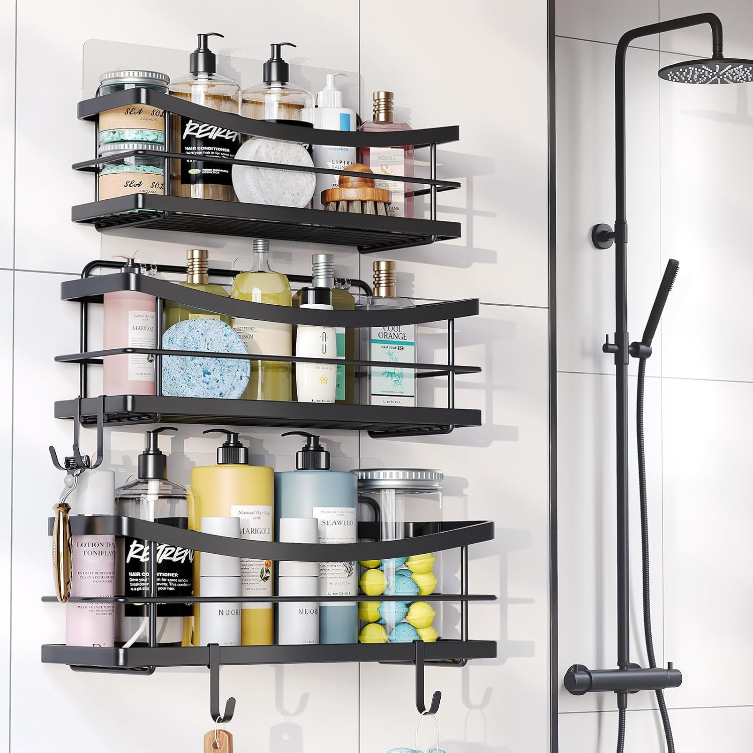 ODesign Estante adhesivo para cesta de ducha (negro, B, paquete de 3)
