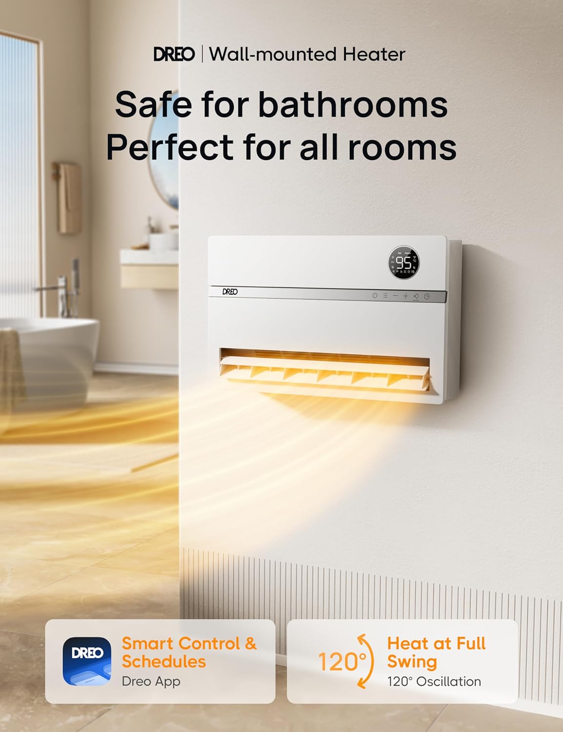 Dreo Calentador de pared para baño, calentadores de espacio inteligentes con enchufe ALCI, 1500 W, oscilación vertical de 120, termostato ajustable,