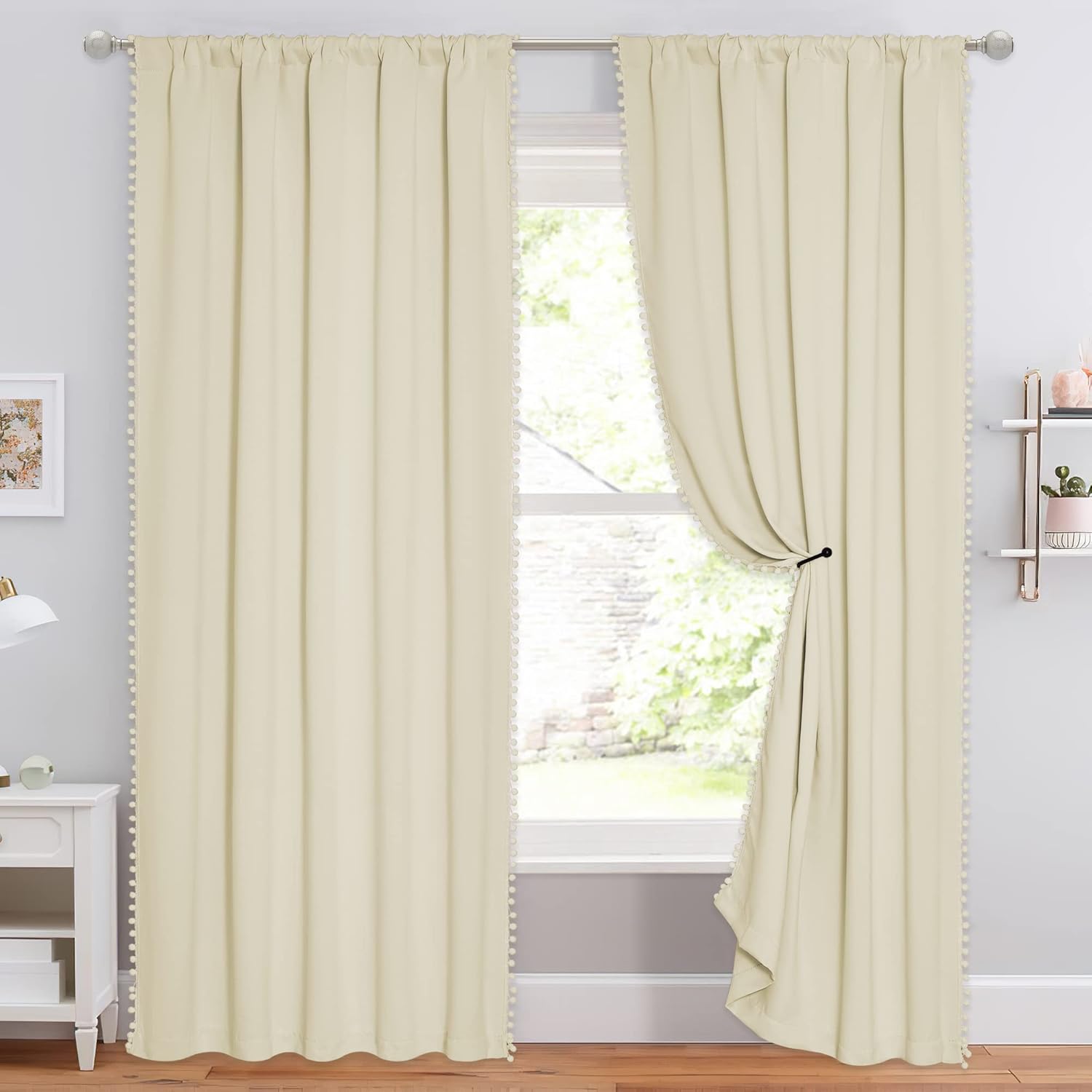 StangH Cortinas opacas color beige natural para puerta corrediza, cortinas de ventana con pompones, resistentes al frío, paneles con aislamiento