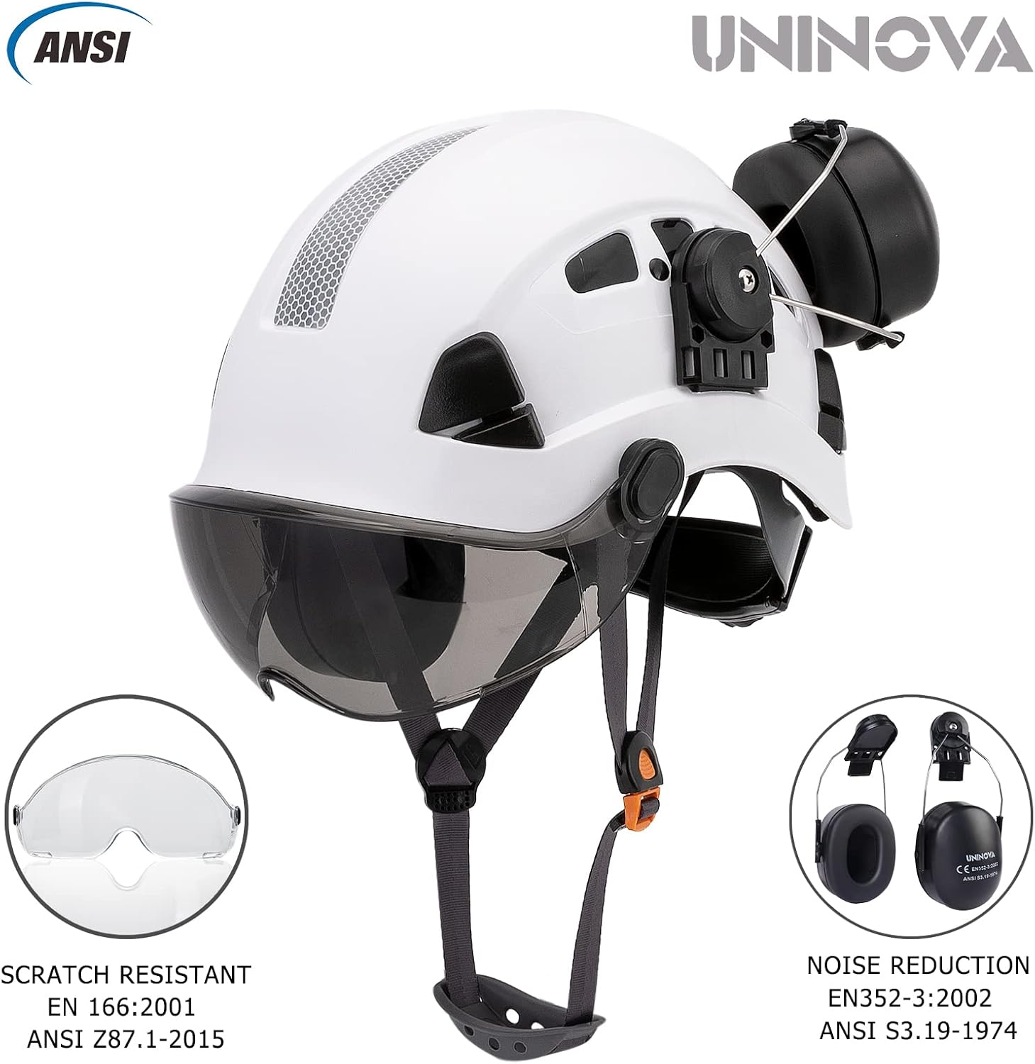 UNINOVA Casco de protección para los oídos y visera ANSI Z89.1 con ventilación ABS forestal, arborista, árbol, construcción, construcción,