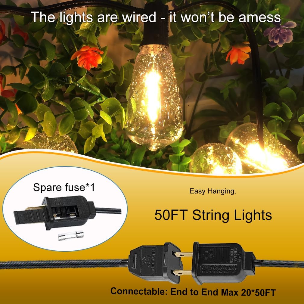 Tira de luces para exteriores, 50 pies, impermeable, inastillable, para patio, con 27 bombillas regulables, color blanco cálido, para exteriores,