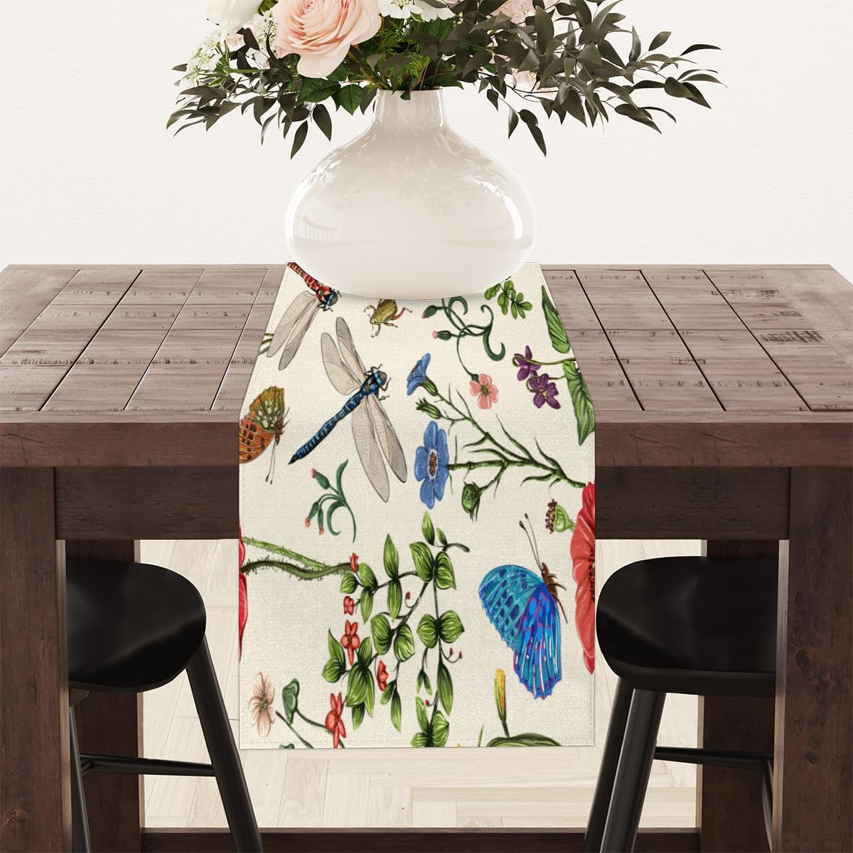 Table Runner Flower Butterfly Dragonfly, Rustic Linen Table Cloth for Farmhouse Kitchen, Dinner, Events, Party, Holiday Table Decor 13 x 36 Inches