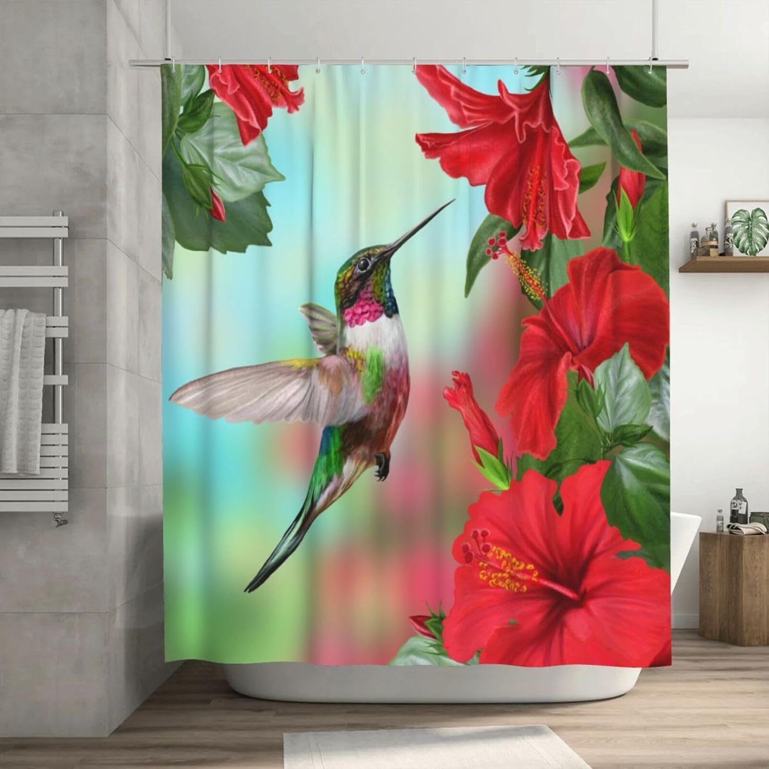 Hummingbird – Cortina de ducha de plástico de 72 x 72 pulgadas, cortinas de ducha extra largas para baño, juego de cortinas de baño con ganchos,
