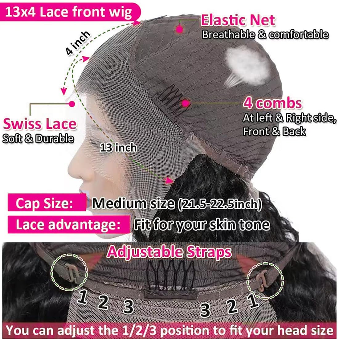 Yeeaak Pelucas de cabello humano ondulado profundo con encaje frontal transparente HD de 13 x 4 para mujeres, densidad del 180 %, sin pegamento,
