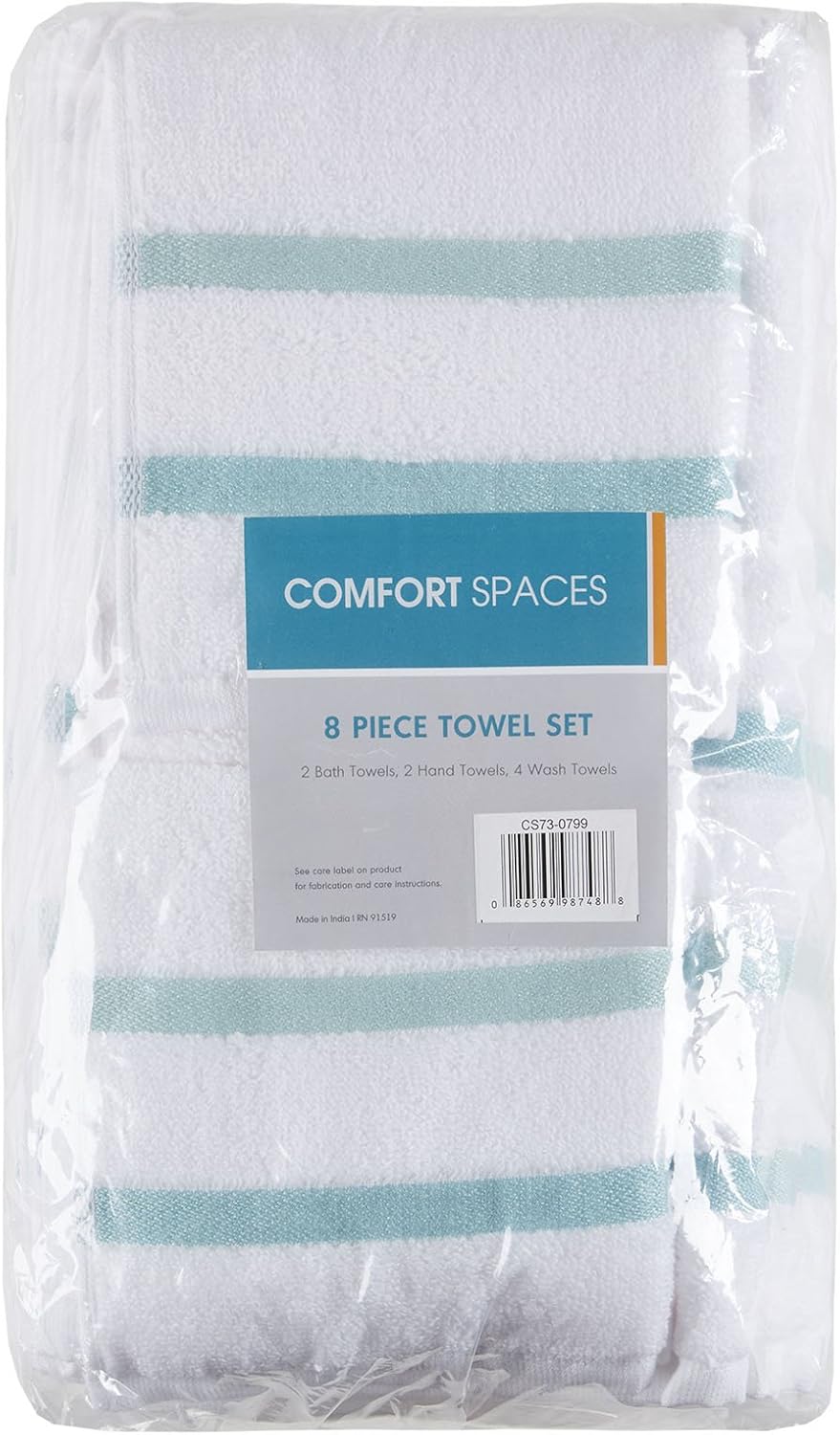 Comfort Spaces Juego de toallas de baño de algodón de 8 piezas a rayas, ultra suave, calidad de hotel, secado rápido, absorbentes, toallas de baño,