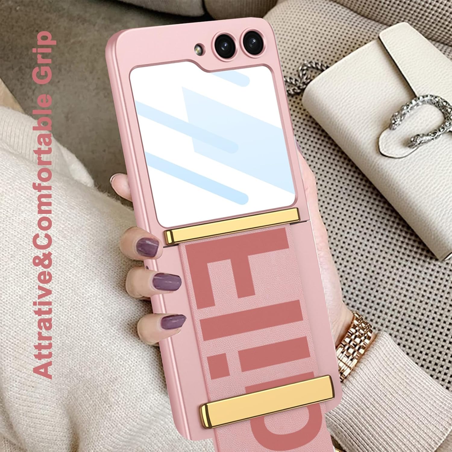 NINKI Funda con correa compatible con Samsung Galaxy Z Flip 5 0.18 oz con protector de pantalla de cámara, funda de piel sintética a prueba de