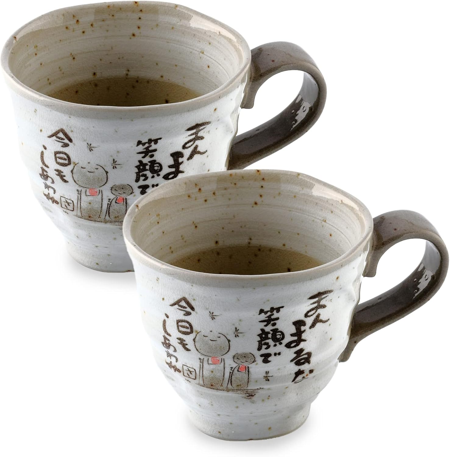 Juego de 2 tazas de café de cerámica japonesas Mino Yaki (Ware), diseño de poema japonés Jizo, gris, 8.8 onzas líquidas, tazas de té hechas a mano,