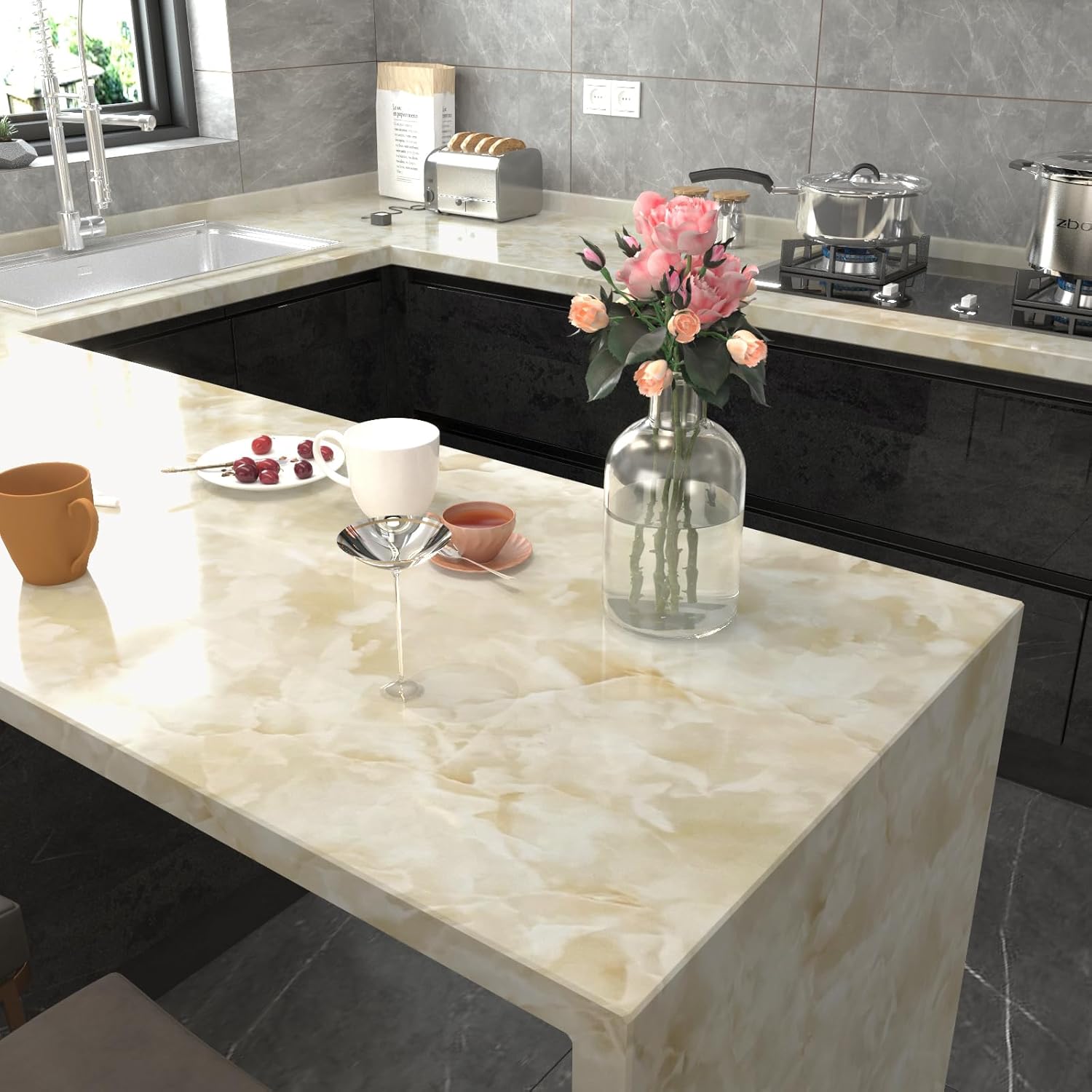 Papel tapiz de mármol blanco beige de 23.7 x 393.7 pulgadas, papel de contacto para despegar y pegar, autoadhesivo, impermeable, con aspecto de
