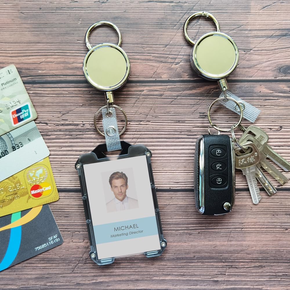 WENSUNNIE Paquete de 2 portatarjetas de identificación (tiene 1 a 4 tarjetas), llavero retráctil con clip, mosquetón resistente, soporte para
