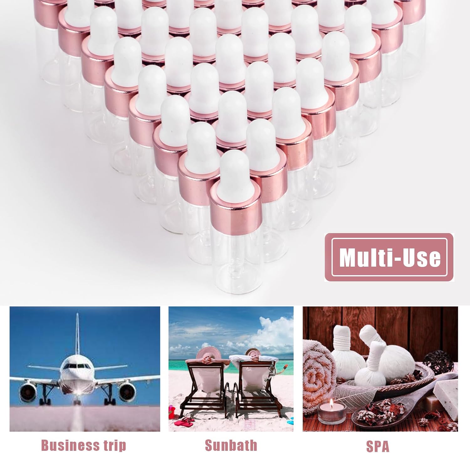 Easeen 50 botellas cuentagotas de muestra, mini botellas cuentagotas de 0.11 onzas líquidas con 2 cuentagotas de plástico para viajar, aceites