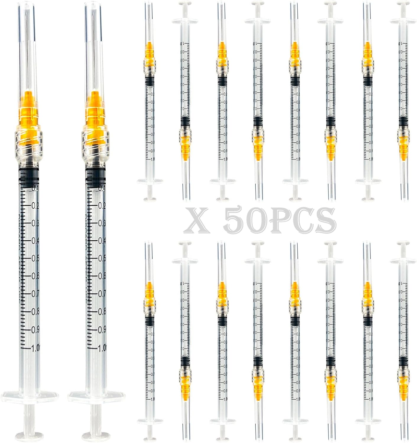 Paquete de 50 jeringas Luer Lock de 0.0 fl oz con agujas de 25Ga, jeringas y agujas de plástico desechables de embalaje individual para laboratorios