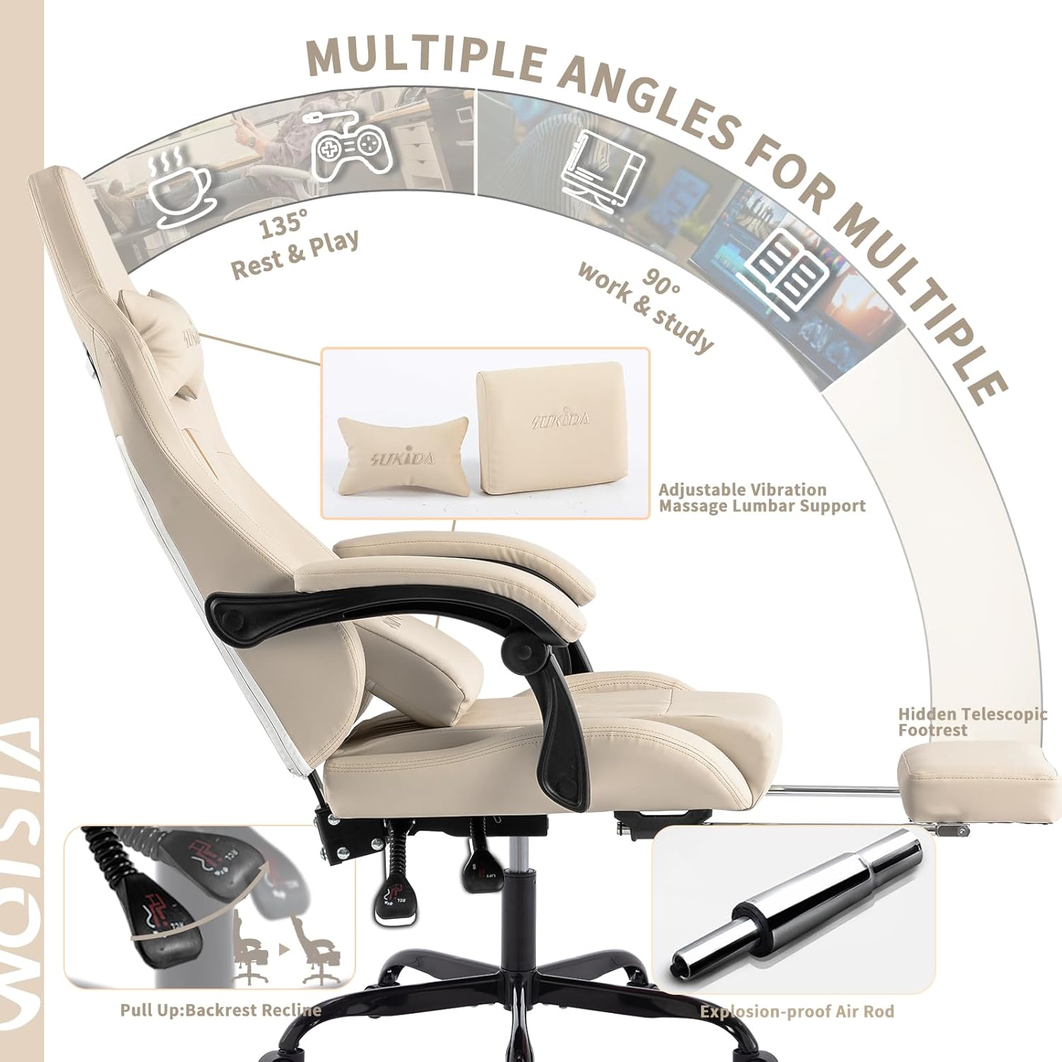 Silla de juegos con reposapiés, silla ergonómica para computadora, cojín lumbar de masaje, silla de videojuegos de carreras, silla reclinable