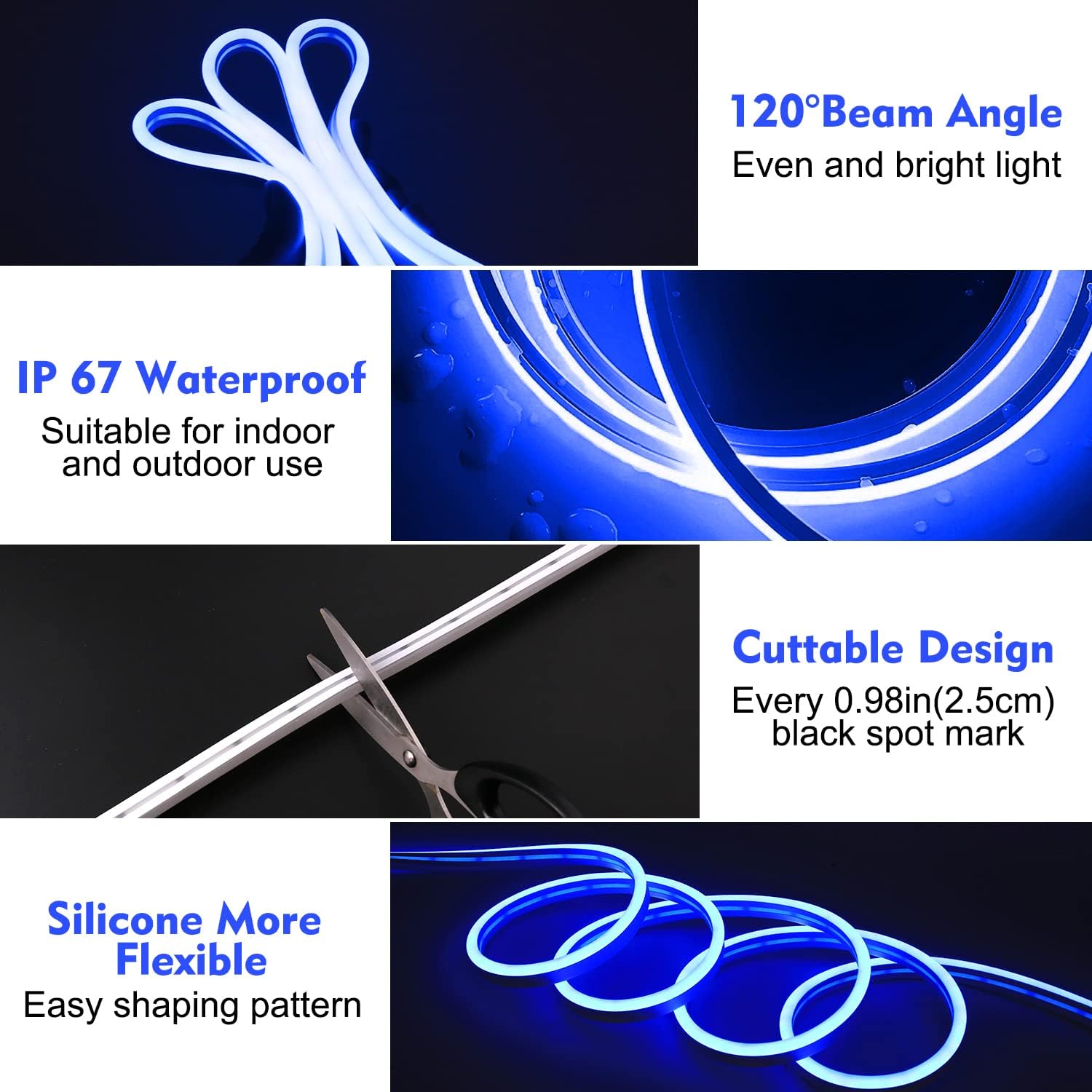 iCreating Tira de luces LED de neón de 32.8 pies, color azul, luces LED de neón flexibles de 12 V para interiores y exteriores, tira de luz LED